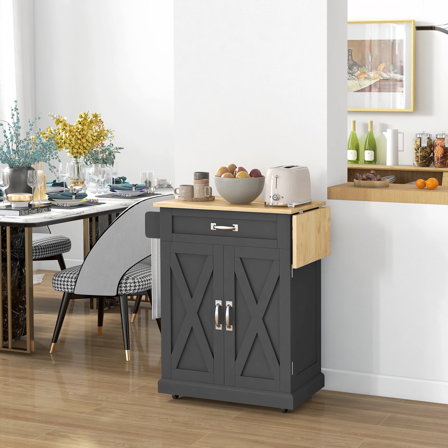 HOMCOM Foldable Kitchen Island with Storage Drawer, Farmhouse Style Rolling Utility Cart, Coffee Bar Cabinet on Wheels with Drop-Leaf Wood Top, White