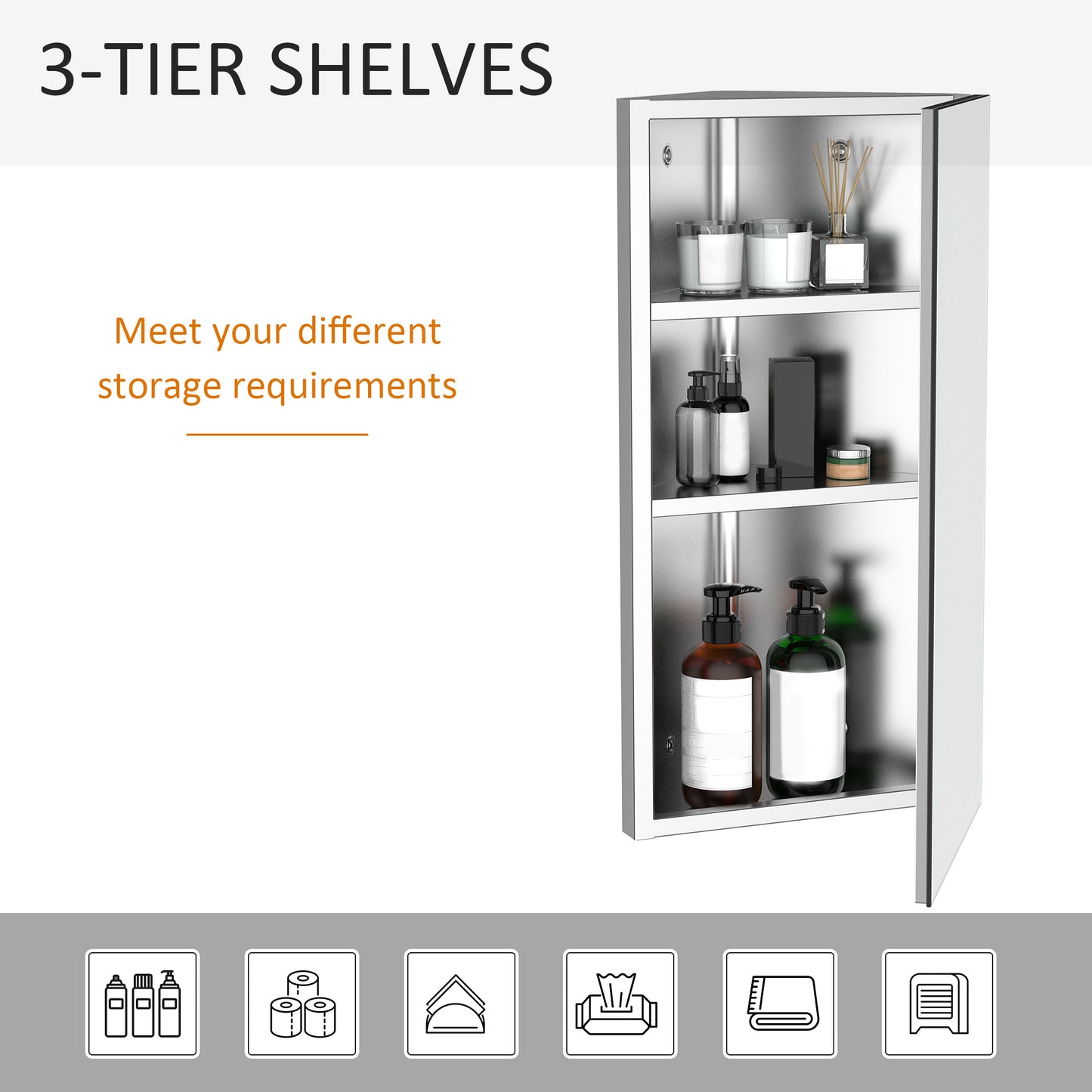 HOMCOM Wall mounted Bathroom Corner Mirror Storage Cabinet Stainless Steel with Single Door