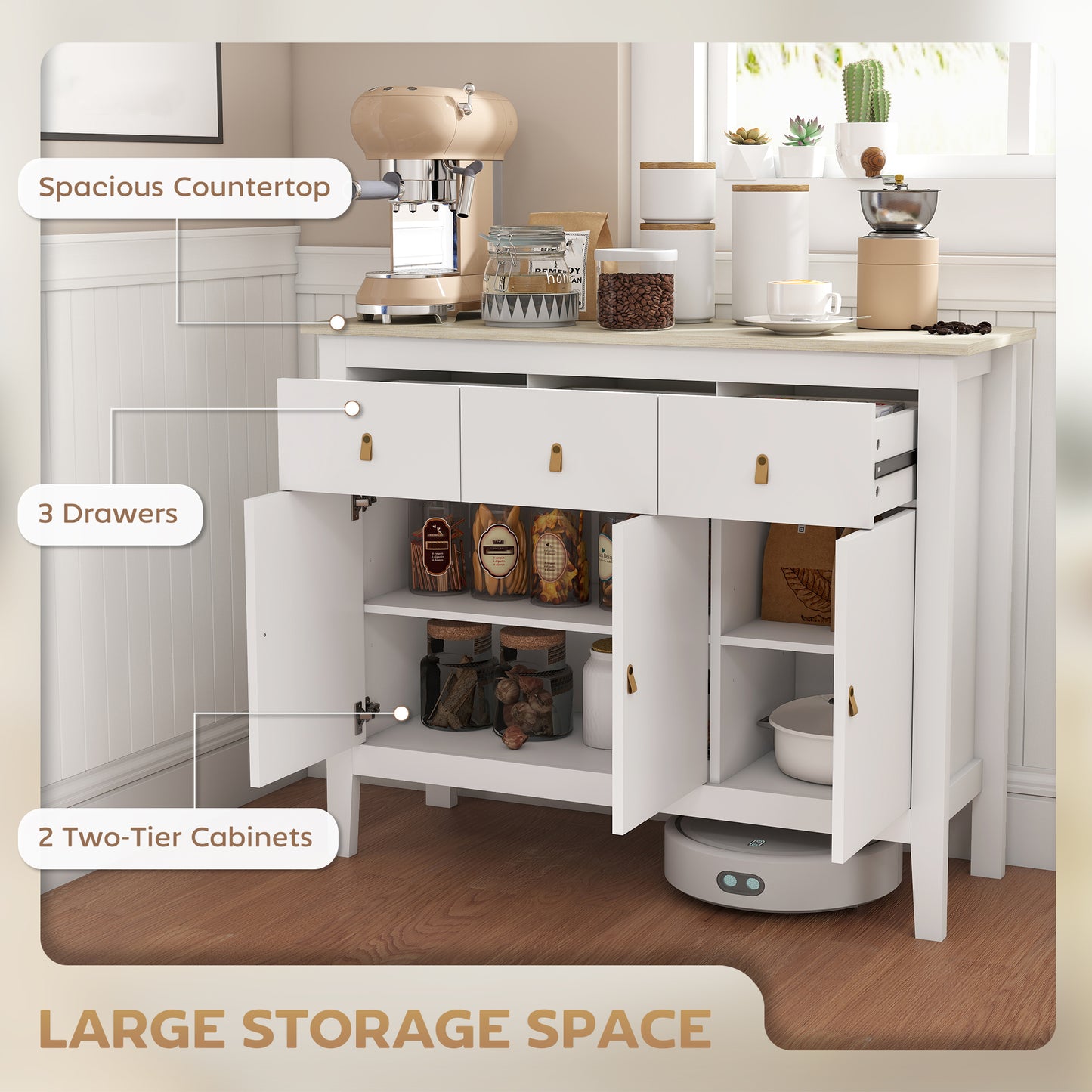 HOMCOM Sideboard Buffet Cabinet, 40" Kitchen Coffee Bar Cabinet with 3 Drawers and 2 Adjustable Shelves, White