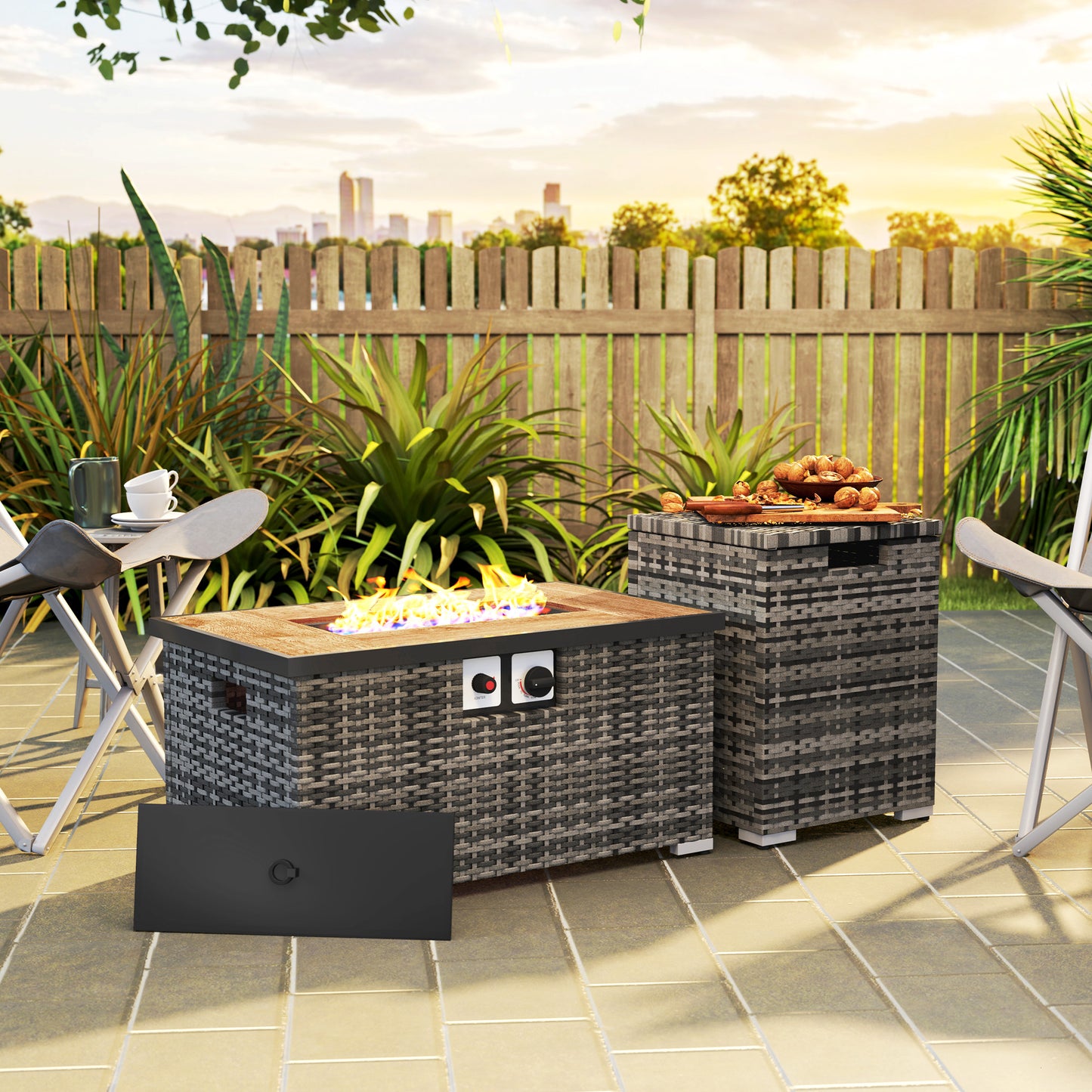 Outsunny 32" Propane Fire Pit Table 40,000 BTU Rattan Outdoor Gas Fire Table with Hideaway Propane Tank Holder, Waterproof Cover