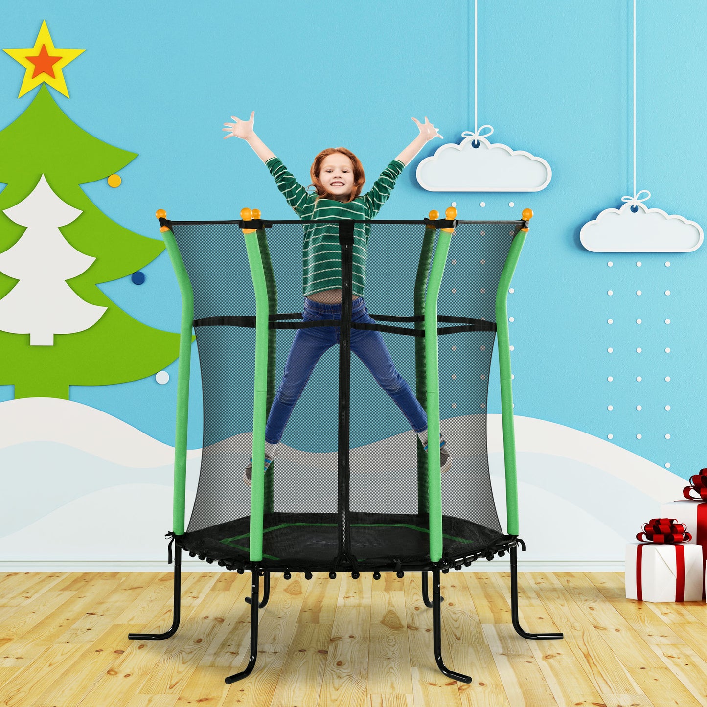 Soozier 64" Kids Trampoline Indoor/Outdoo with Enclosure Net Elastic Thick Padded Pole Gift for Ages 3-10 Years Old Red