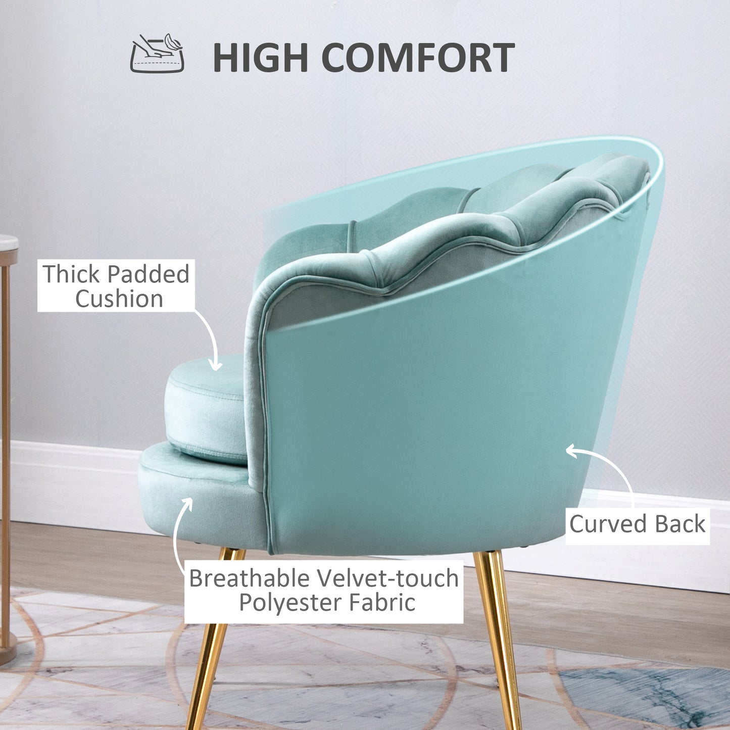 HOMCOM Modern Accent Chair, Velvet-Touch Fabric Leisure Club Chair with Gold Metal Legs for Bedroom, Blue