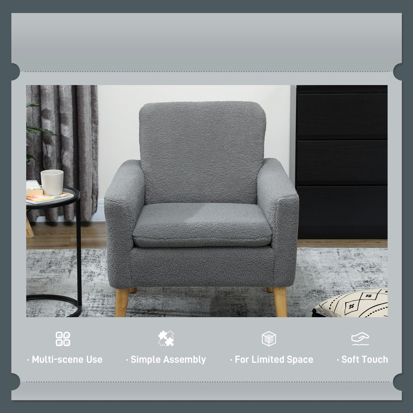 HOMCOM Fabric Accent Chair, Modern Upholstered Armchair with Wood Legs and Wide Padded Seat, Cream White