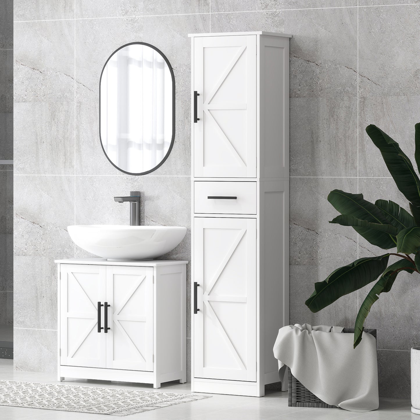 HOMCOM Farmhouse Pedestal Sink Storage Cabinet, Bathroom Under Sink Cabinet with 2 Barn Doors and Adjustable Shelf, White