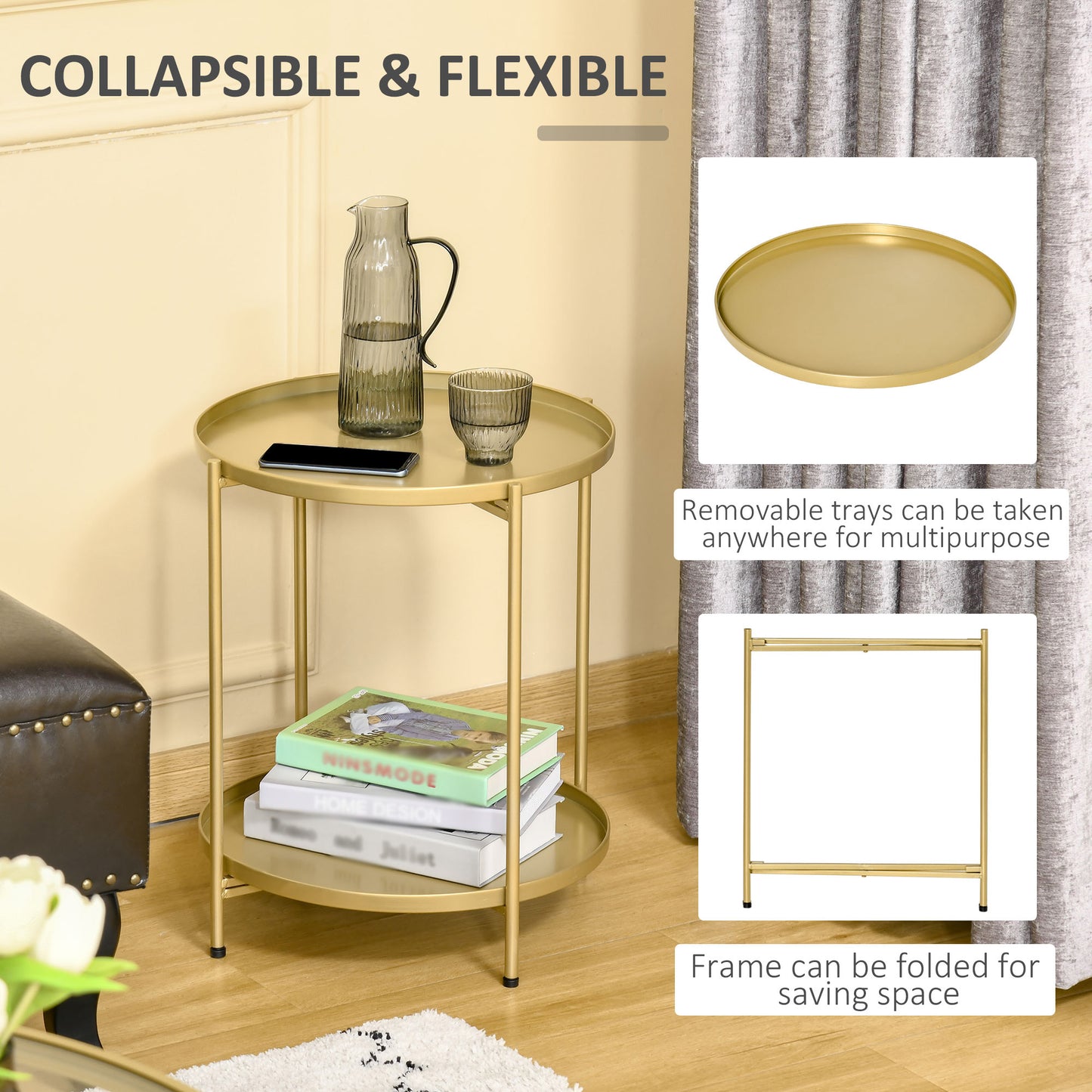 HOMCOM 2-Tier Gold Side Table, Round Nightstand with Removable Trays Folding Metal Frame Adjustable Foot End Table for Living Room Bedroom