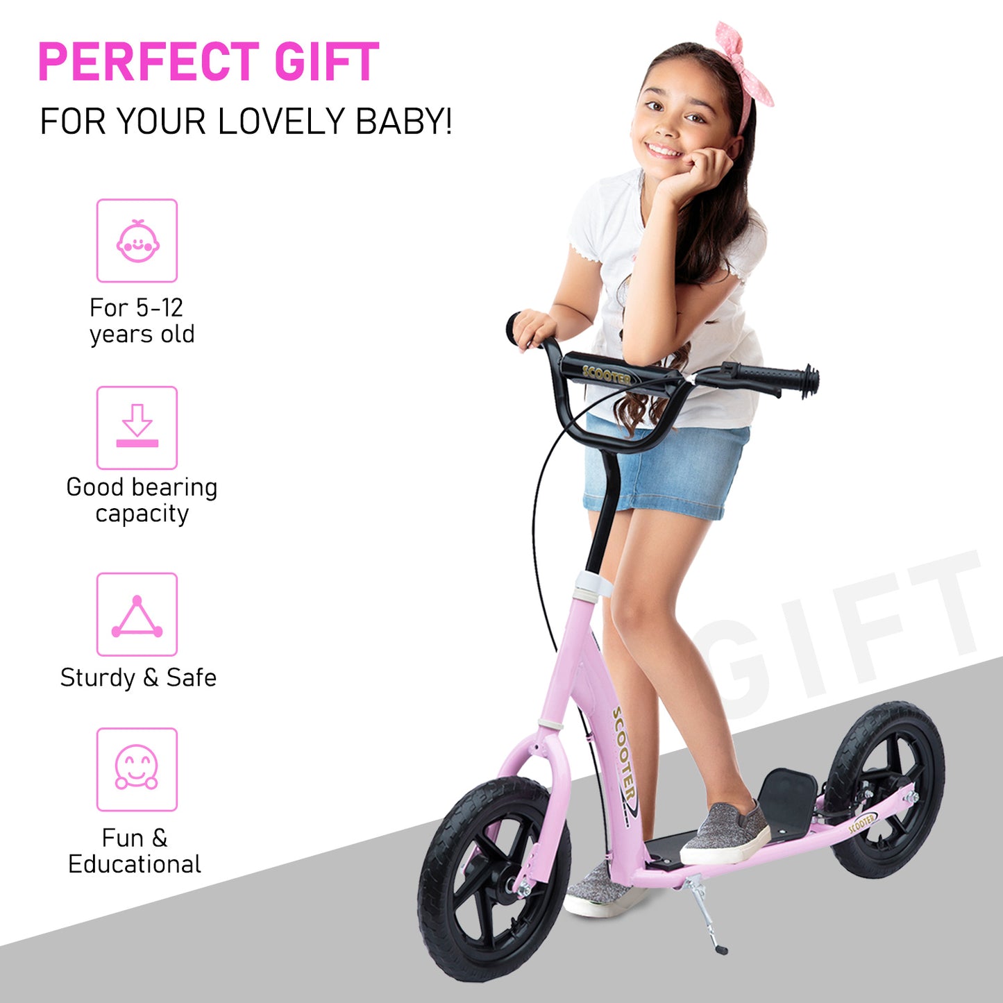 HOMCOM Kids Scooter Street Bike Bicycle for Teens Ride on Toy w/ 12'' Tire for 5-12 Year Old Pink