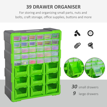 DURHAND Plastic 39 Drawer Parts Organiser Wall Mount Storage Cabinet for Small Nuts Bolts Tool Green