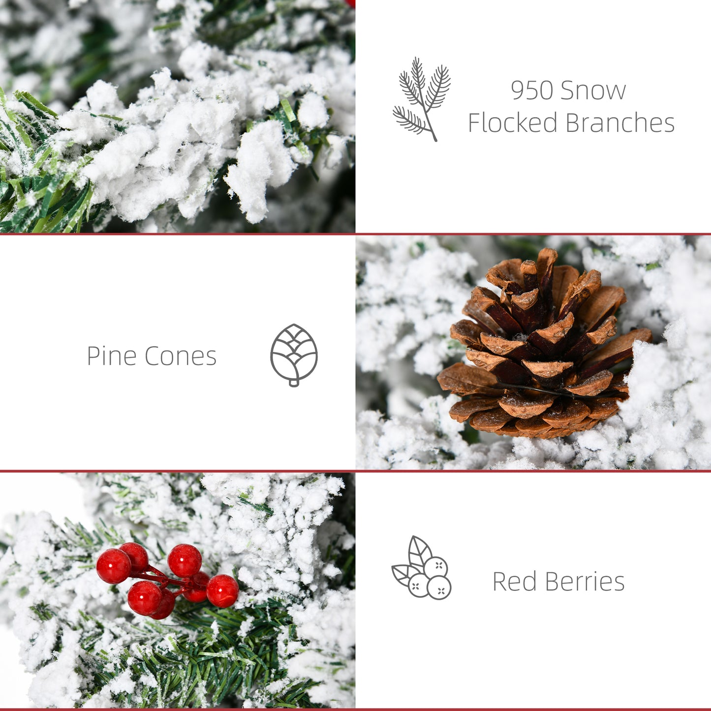 HOMCOM 9-foot Pencil Snow Flocked Artificial Christmas Tree with 1350 Pine Realistic Branches, Pine Cones, Red Berries, Auto Open, Green