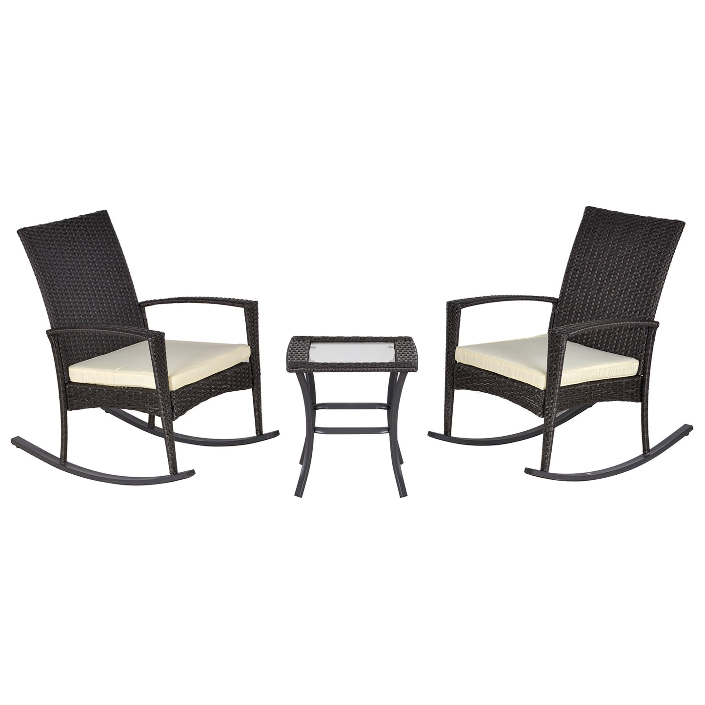 Outsunny 3 Pieces Patio Wicker Rocking Chair Set, Outdoor PE Rattan Bistro Set Conversation Rocker Set with 2 Chairs 1 Coffee Table for Backyard, Deck, Poolside, Dark Grey