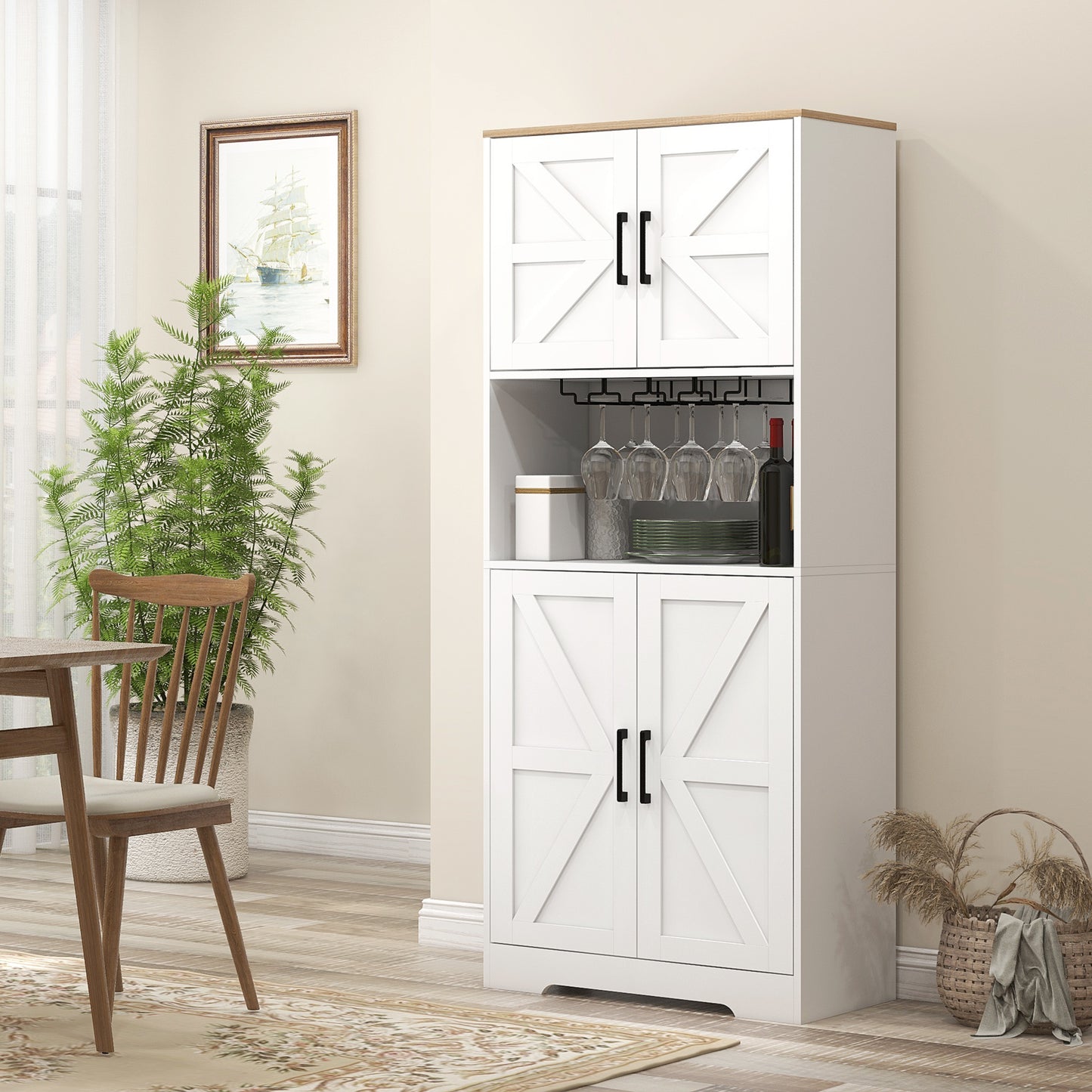 HOMCOM Farmhouse Kitchen Pantry, 68" Freestanding Hutch Storage Cabinet with Microwave Oven Countertop, White