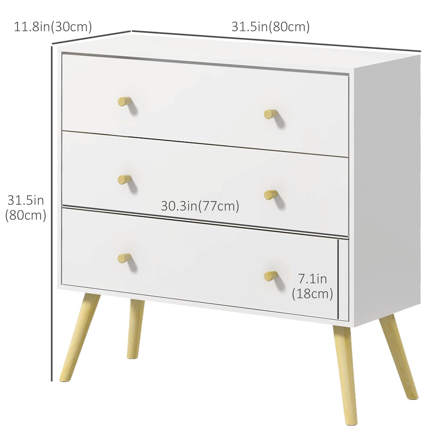 HOMCOM White Dresser for Bedroom with 3 Drawers, Morden Chest of Drawers with Solid Wood Legs and Handles, Storage Organizer for Living Room, White