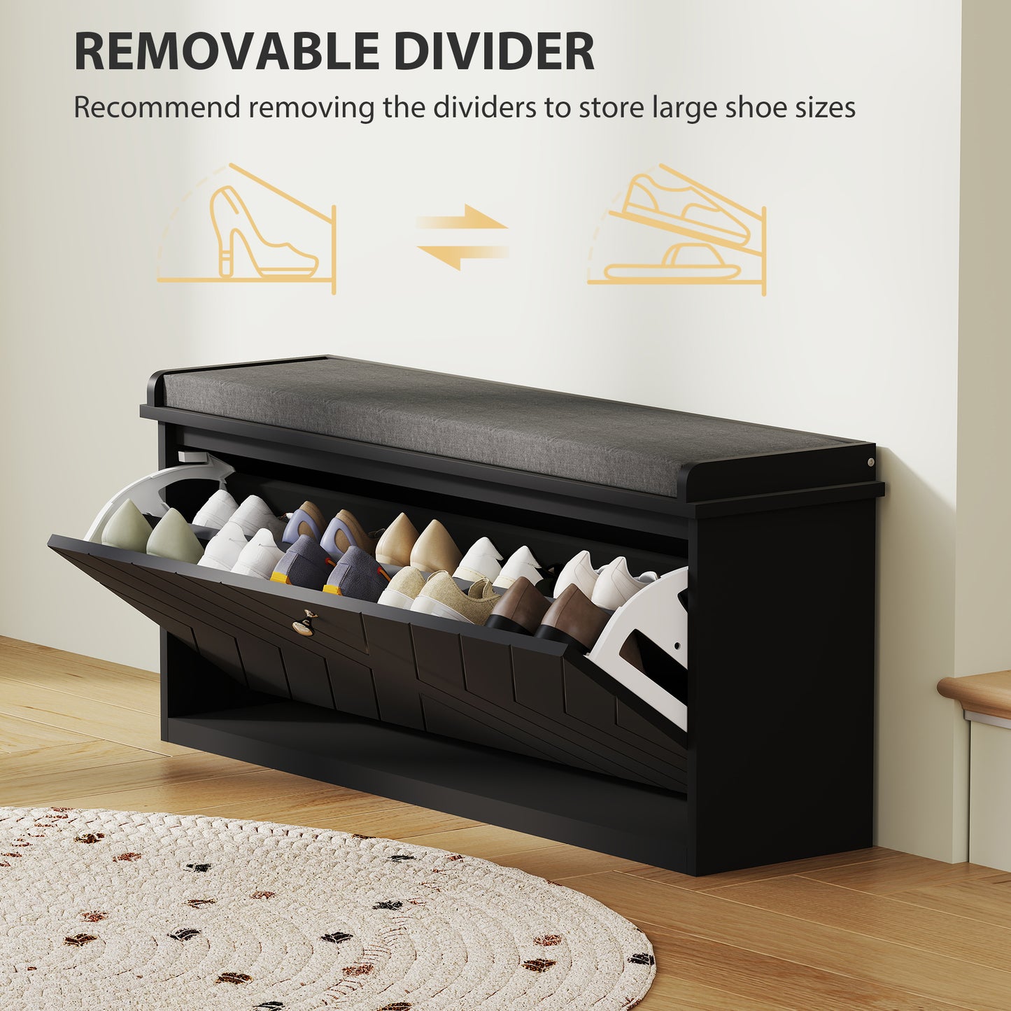HOMCOM Shoe Storage with Seat, Upholstered Hallway Bench, Shoe Bench with Flip Drawer, Adjustable Shelf for 8 Pairs of Shoes