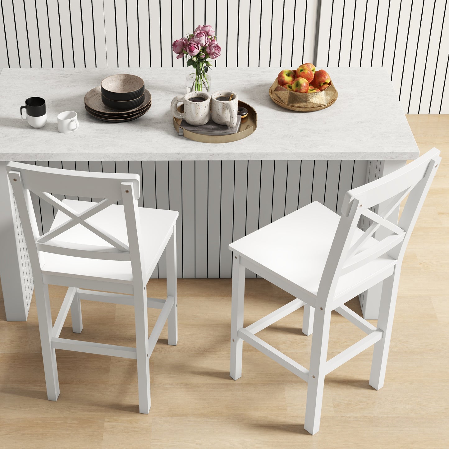 HOMCOM Counter Height Stools Set of 2, Farmhouse Bar Stools with Backs, Solid Wood Counter Stools for Kitchen Island