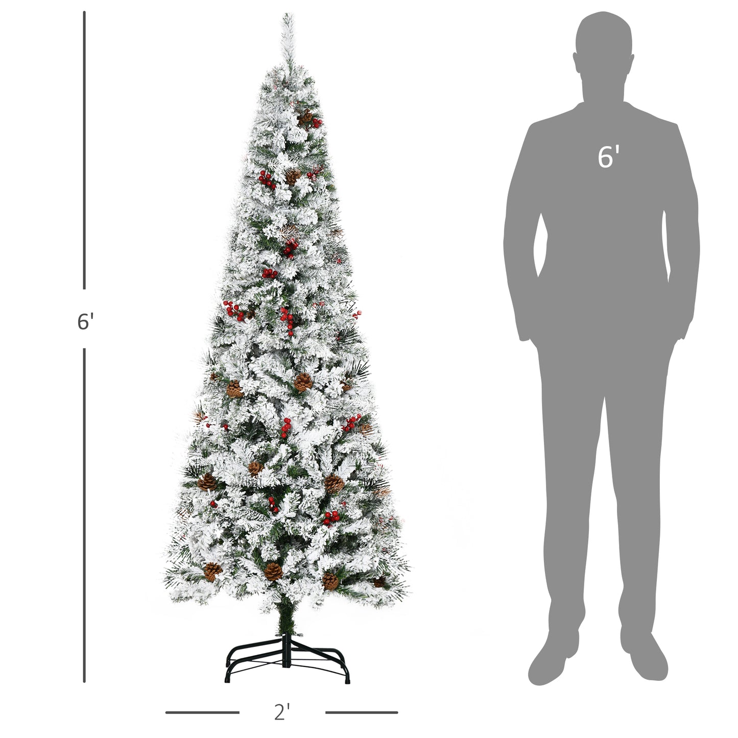 HOMCOM 9-foot Pencil Snow Flocked Artificial Christmas Tree with 1350 Pine Realistic Branches, Pine Cones, Red Berries, Auto Open, Green