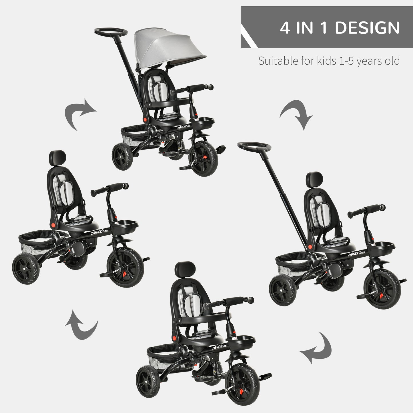 Qaba Tricycle for Toddler 4 in 1 Kids Trike with Reversible Adjustable Seat, Baby Push Bike with Removable Handle, Canopy, Belt Storage Brake Clutch for 1-5 Years, Red