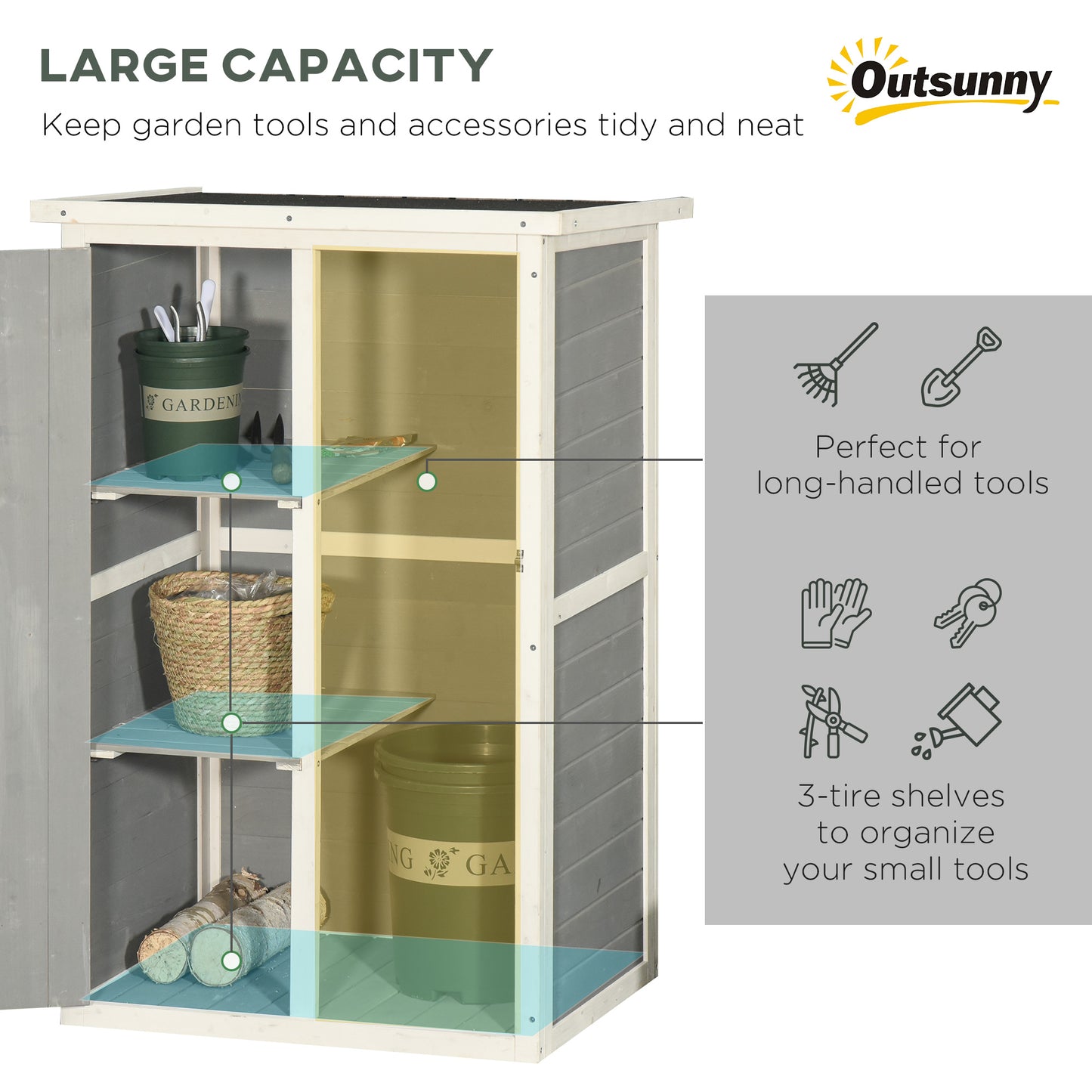 Outsunny 29.9"x21.7"x45.3" Garden Storage Shed with Asphalt Roof, Outdoor Storage Cabinet w/ Shelves, Grey