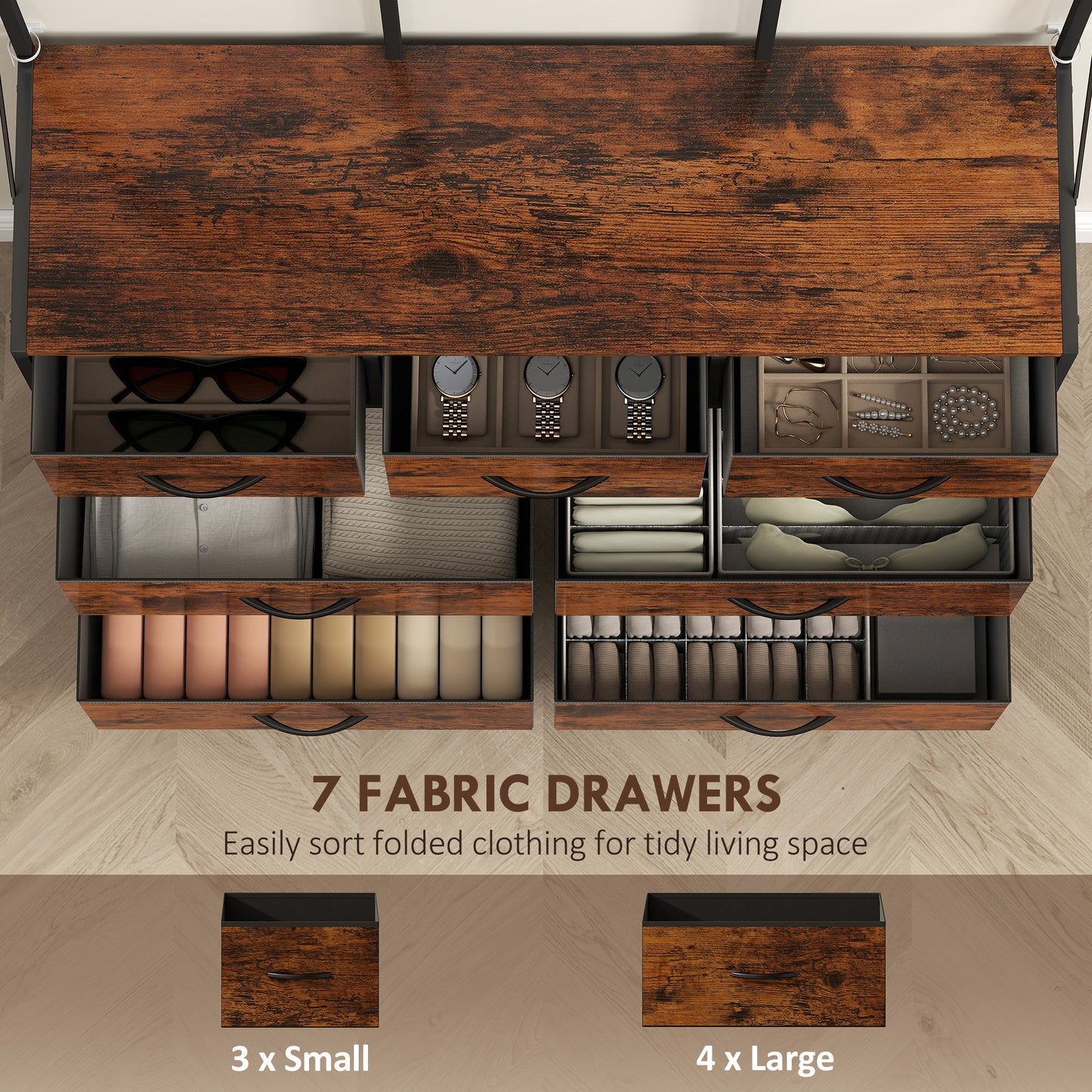 HOMCOM 4-In-1 Coat Rack with 7 Drawer Fabric Dresser, Hall Tree with 14 Hooks for Hallway, Entryway, Bedroom, Rustic Brown