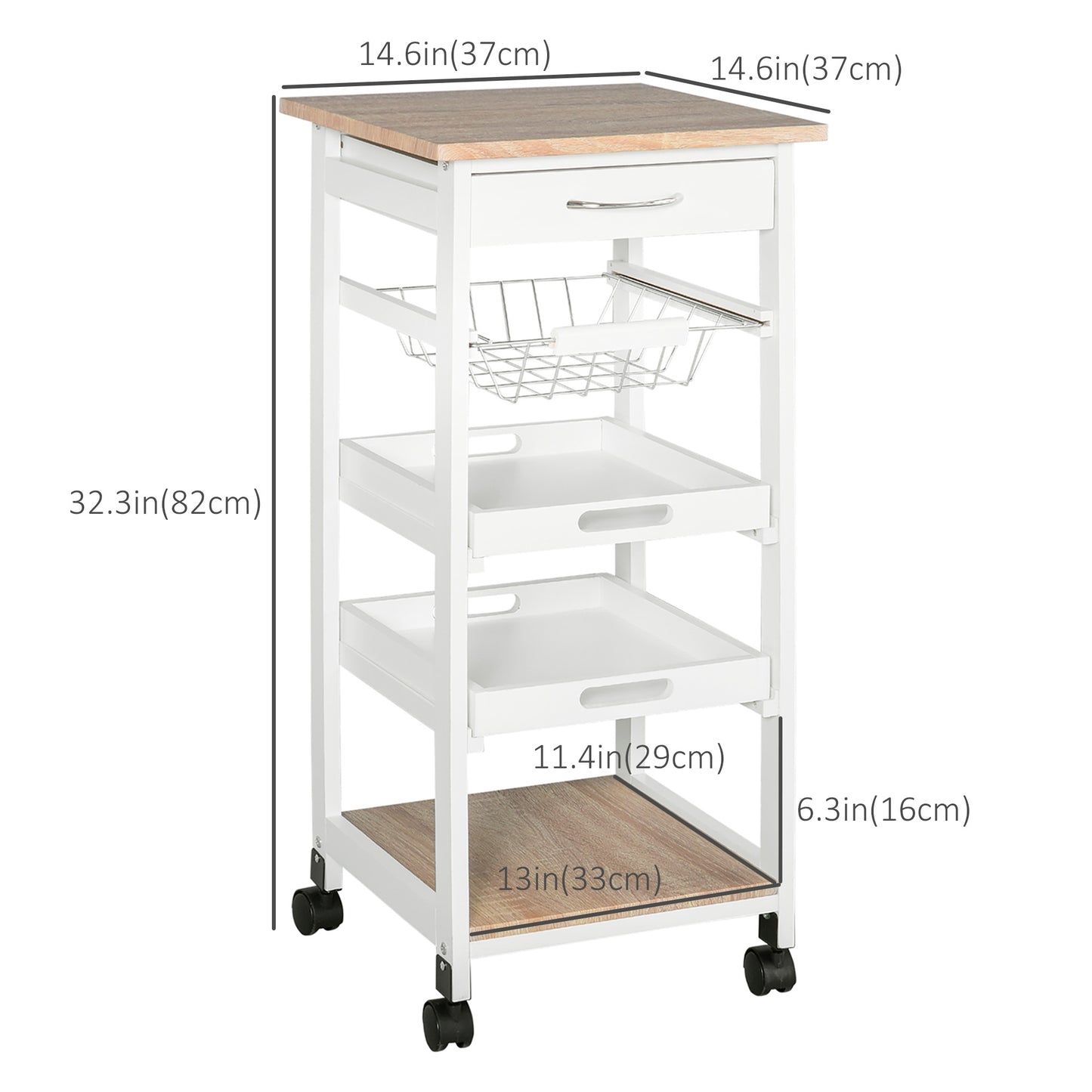 HOMCOM Rolling Kitchen Island Cart, Mobile Utility Storage Cart with Drawer, Wire Storage Basket, Removable Tray, Grey