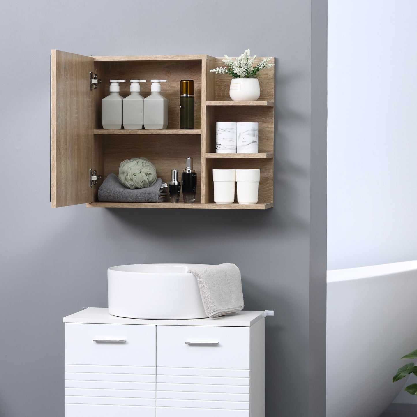 kleankin Medicine Cabinet with Mirror, Wall Mounted Bathroom Mirror Cabinet, Bathroom Wall Cabinet with 3 Open Shelves, Natural
