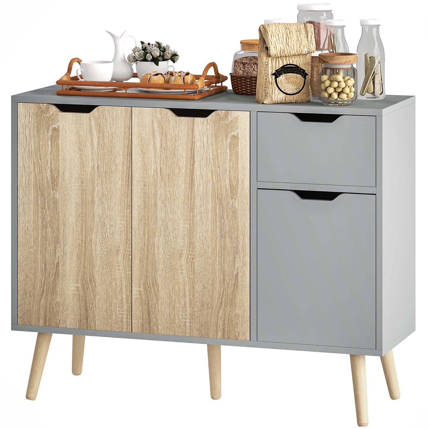HOMCOM 35" Sideboard Storage Cabinet with Drawer, White and Grey