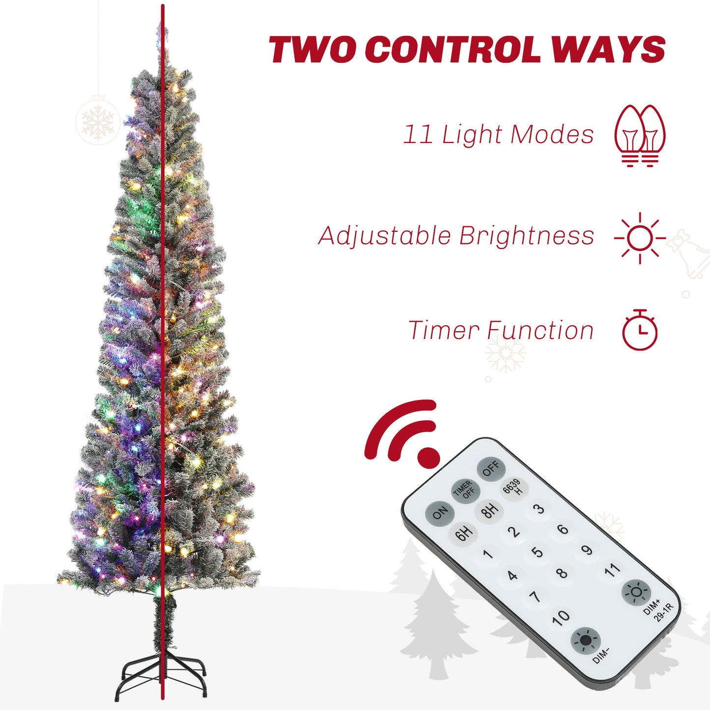 HOMCOM 9ft Prelit Pencil Artificial Christmas Tree, Flocked Xmas Tree with Remote, Dual Colour LEDs, 895 Tips, Metal Stand