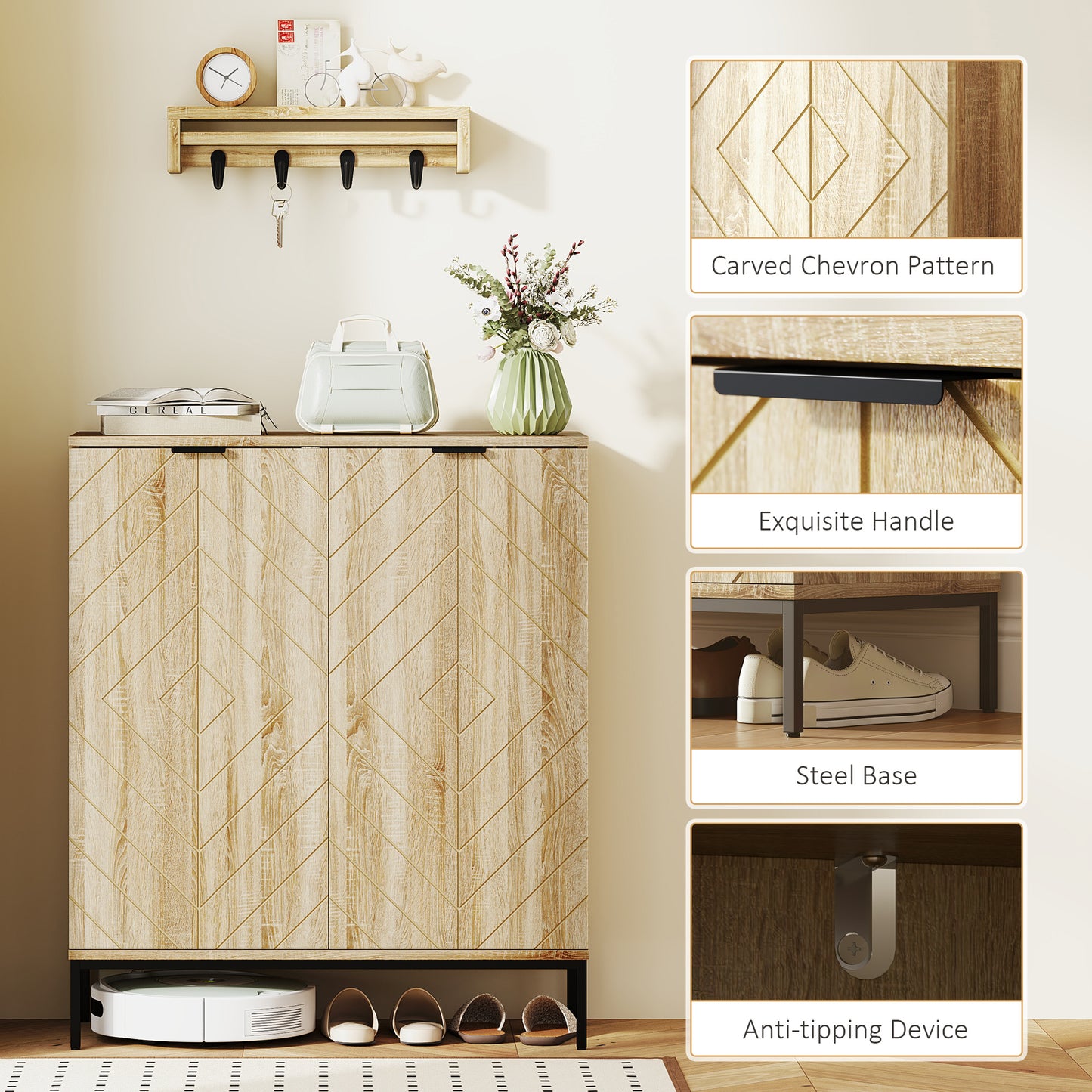 HOMCOM Shoe Storage Cabinet for 15 Pairs, Freestanding Shoe Cabinet with Doors and Adjustable Shelves for Hallway, Oak