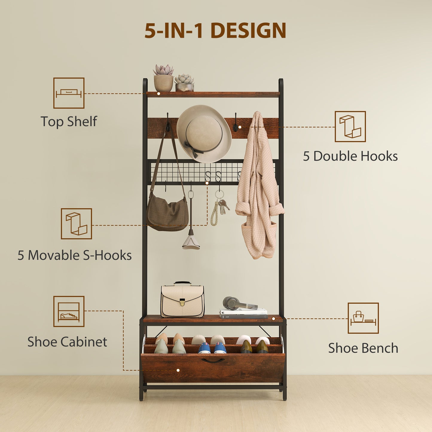 HOMCOM 5-In-1 Coat Rack Shoe Bench, Hall Tree with Bench, Shoe Cabinet, 10 Hooks for Hallway, Mud Room, Rustic Brown