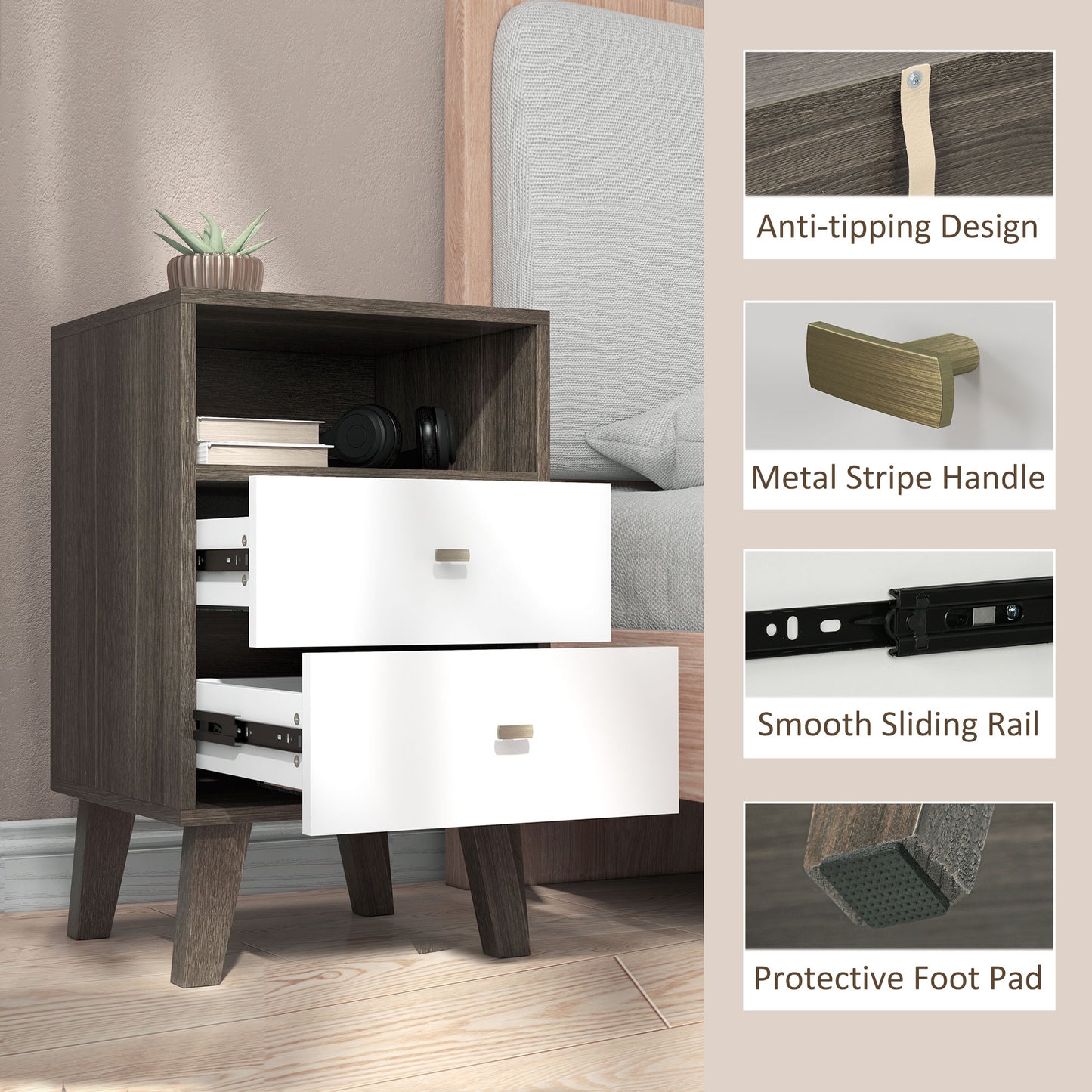HOMCOM Nightstand Set of 2, Modern Bedside Table, Night Stand for Living Room with 3 Drawers and Open Storage, Grey