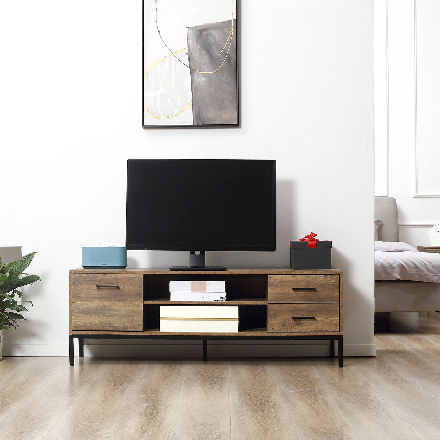 HOMCOM TV Stand for TV up to 50 Inches, TV Cabinet with Door, Open Storage and Drawers, TV Table with Steel Legs, Dark Walunt