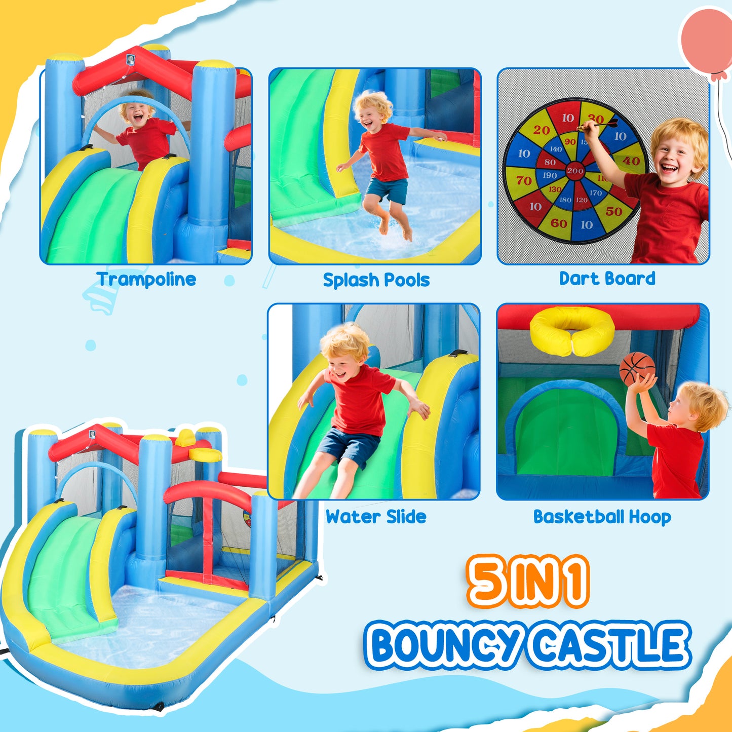 Qaba Bouncy Castle for Kids with 550W Blower, Water Slide, 2 Splash Pools, Basketball Hoop, Dart Board,12.6' x 9.5' x 5.9'