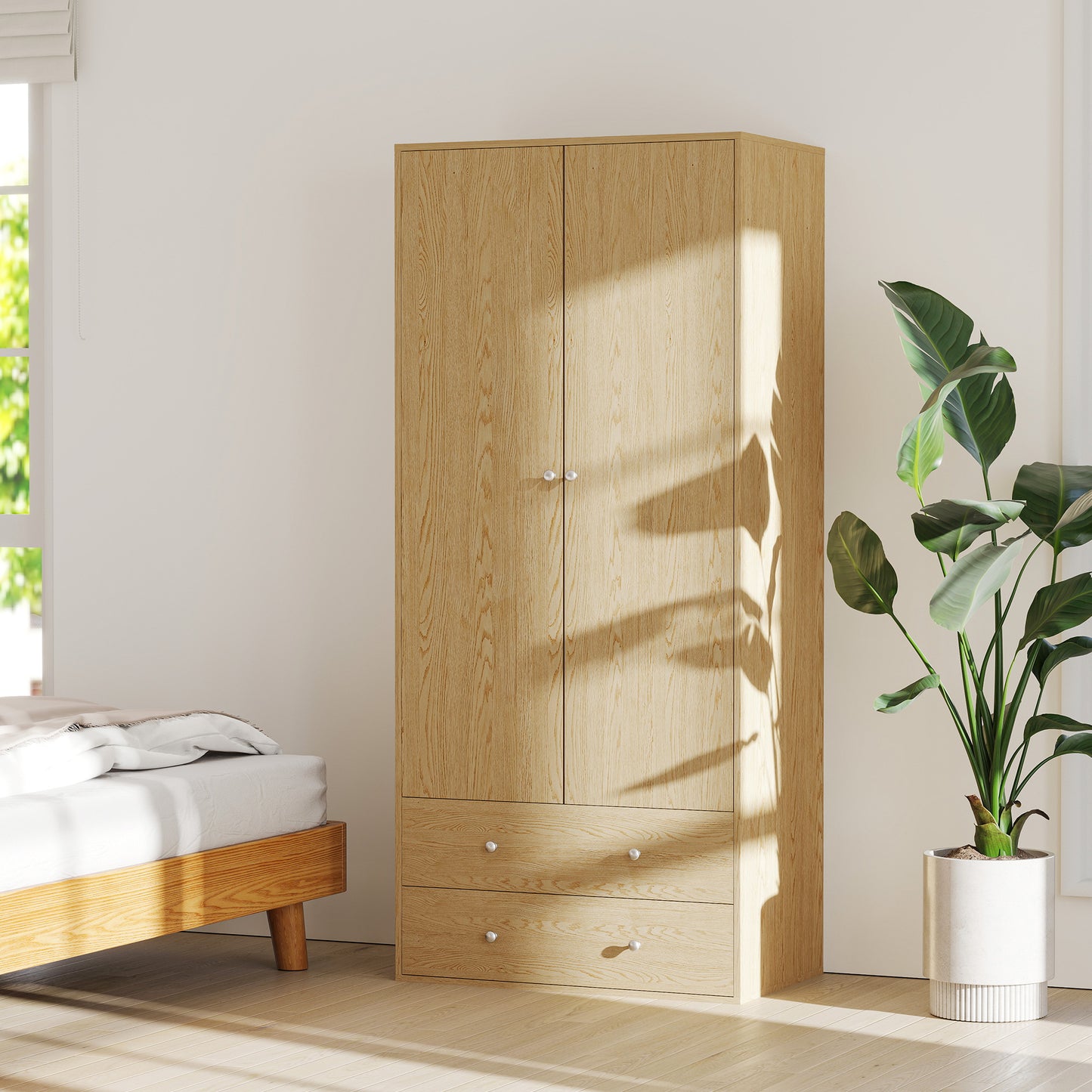 HOMCOM Modern Wardrobe Closet Armoire with 2 Drawers and Hanging Rod, Clothes Storage Organizer for Bedroom, Natural Wood