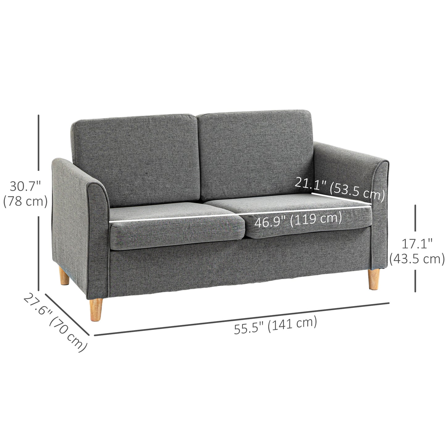 HOMCOM 2-Seat Sofa Two-Seater Couch with Armrests and Wood Legs for Living Room, Bedroom, Dark Grey