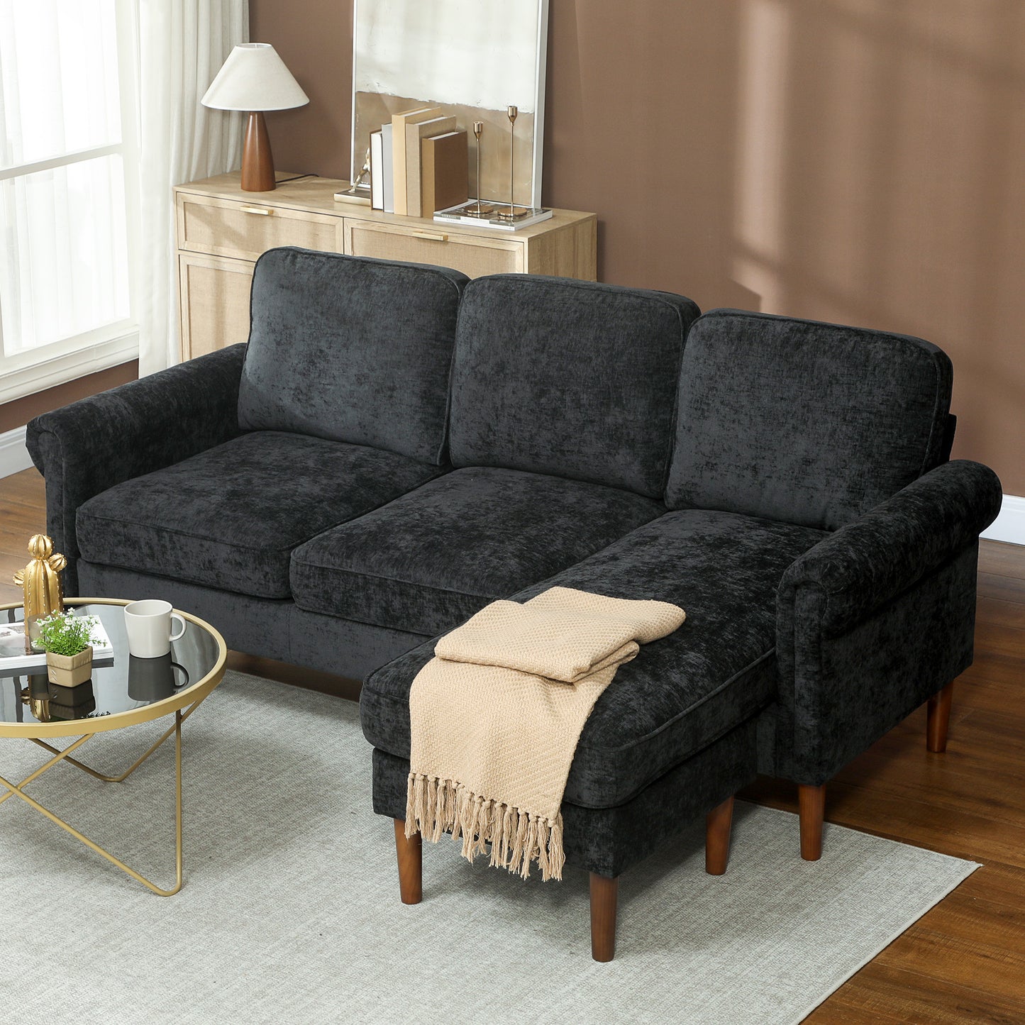 HOMCOM L Shape Sofa, Modern Sectional Couch with Changeable Chaise Lounge, Wooden Legs, Corner Sofa for Living Room, Black