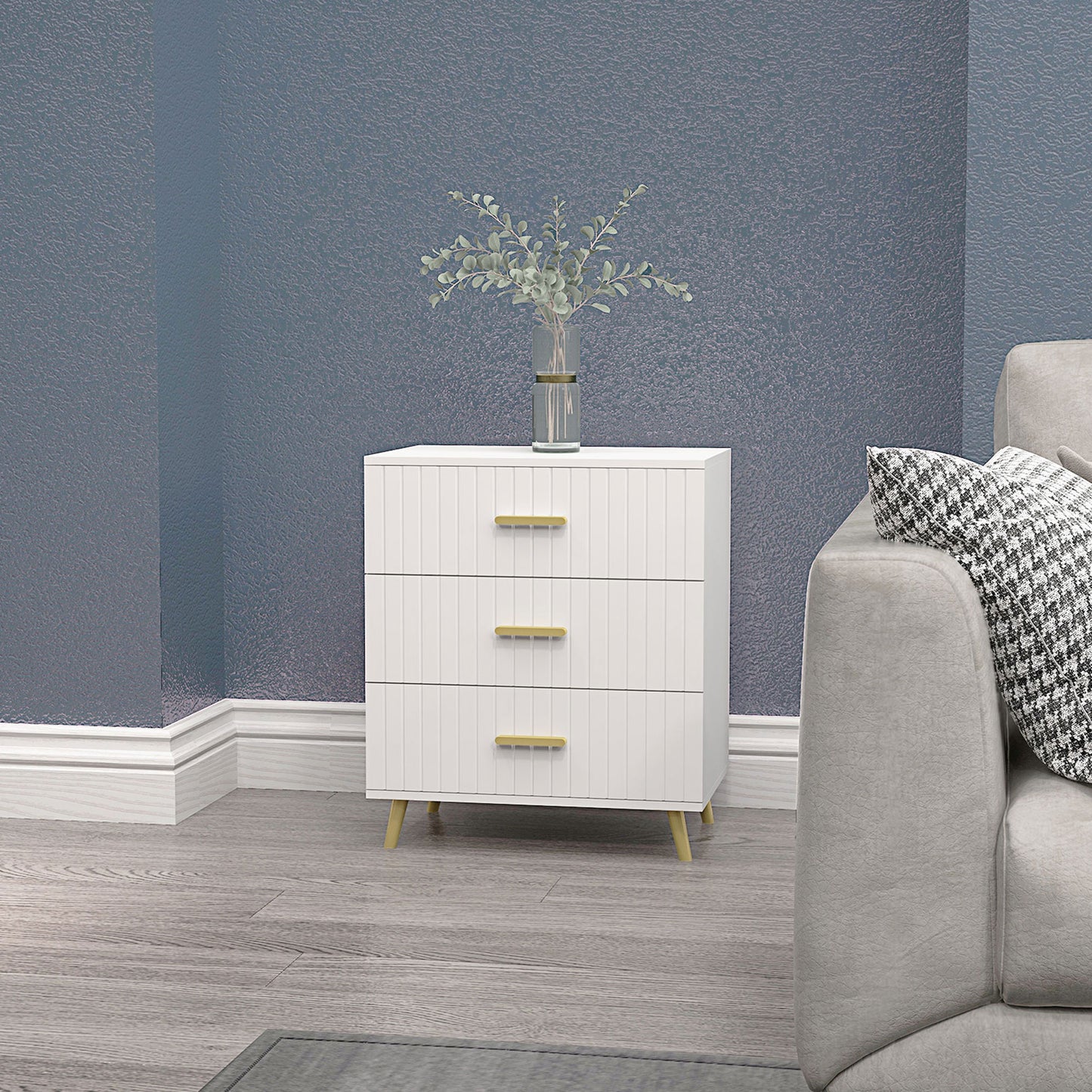 HOMCOM 3 Drawer Cabinet, Drawer Chest for Bedroom, Chest of Drawers with Aluminium Legs and Gold Handles, Dark Grey
