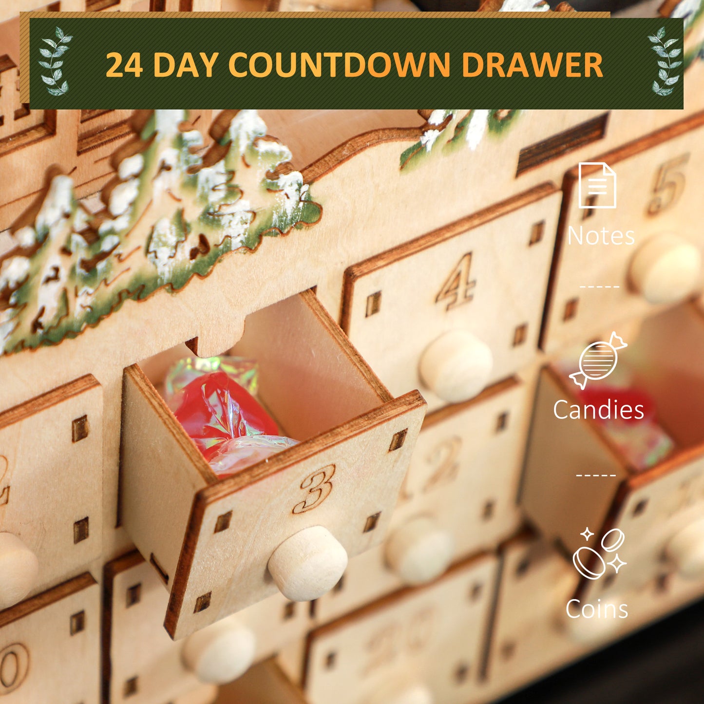 HOMCOM Wooden Christmas Advent Calendar, Lighted 24 Days Xmas Calendar House, Christmas Table Decoration with Countdown Drawers, Bible Characters, Battery Operated, Natural