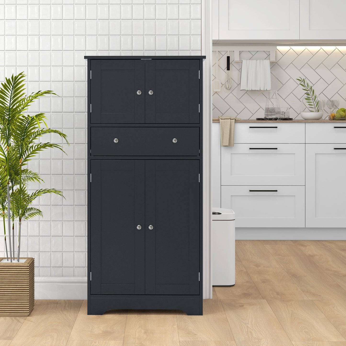 HOMCOM 50.5" Kitchen Storage Cabinet, Modern Kitchen Pantry Cabinet with 4 Doors, Drawer, Adjustable Shelf, Black