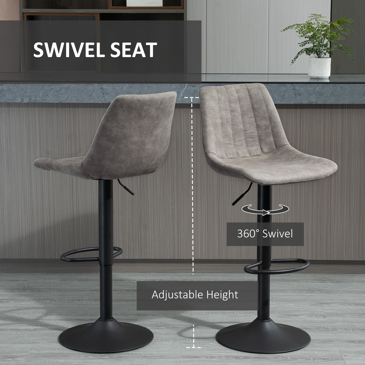 HOMCOM Adjustable Bar Stools Set of 2, Leathaire Swivel Barstools with Back and Footrest, Upholstered Bar Chairs for Kitchen, Dining Room, Home Pub, Brown