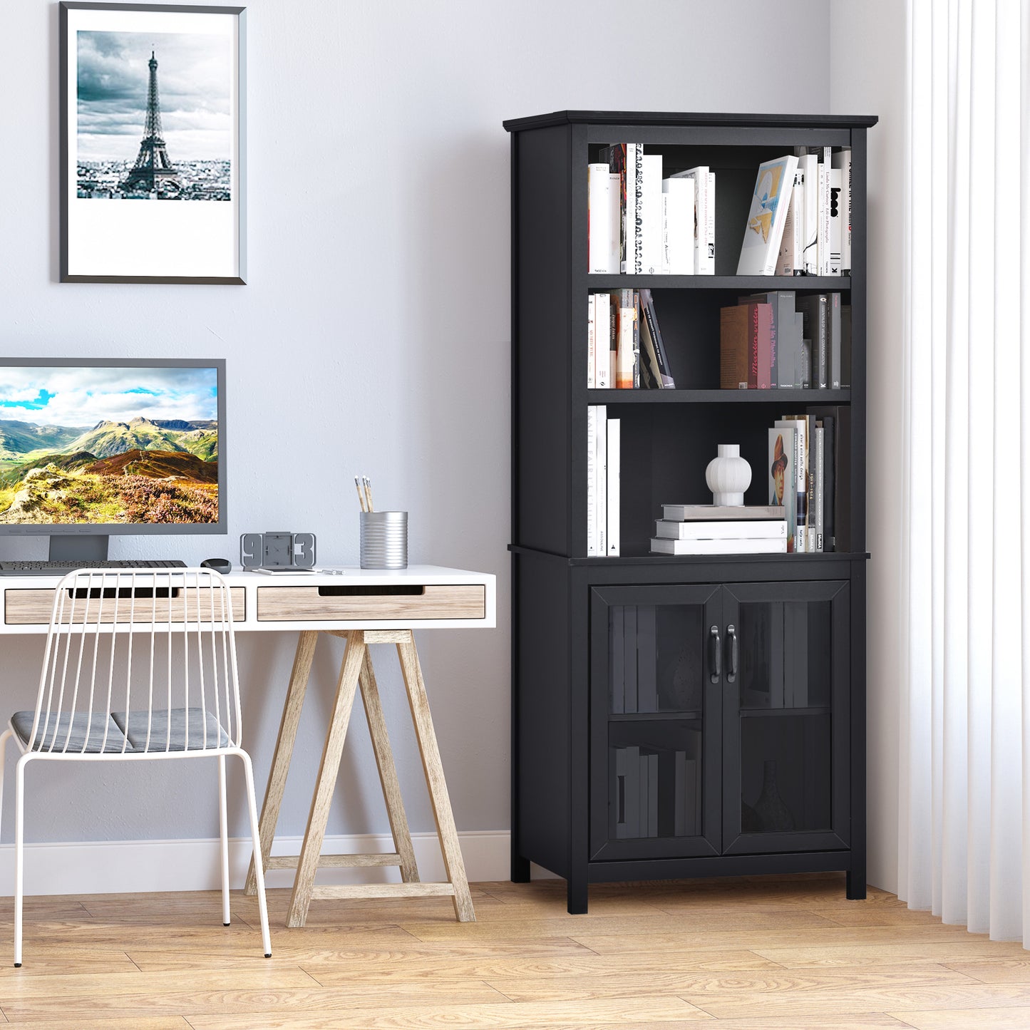 HOMCOM Multifunctional Storage Cabinet Bookcase with Adjustable Shelves Display Rack for Study, Kitchen, Living Room, White