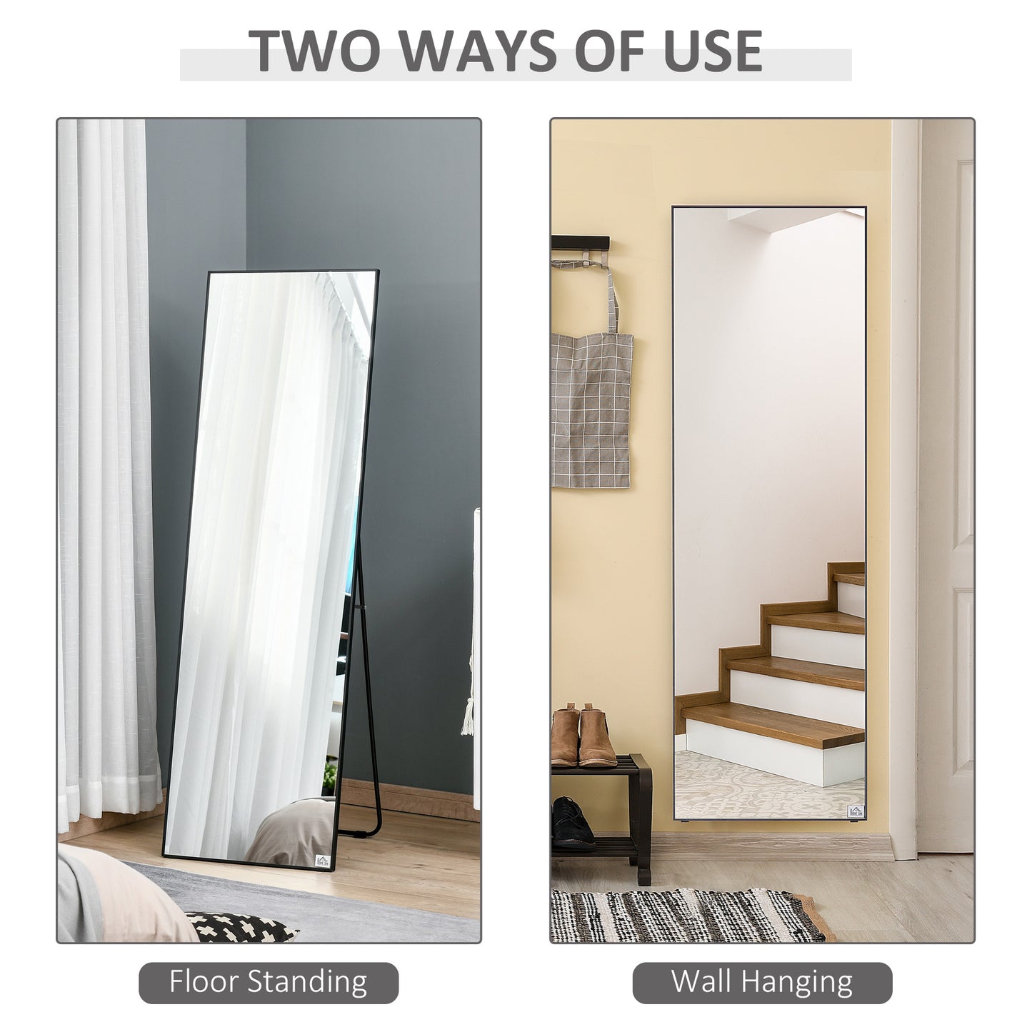 HOMCOM 64"x20" Full Length Mirror, Floor Standing, Wall-Mounted or Leaning Against Wall Tall Mirror w/Support Frame, Rectangular Full Body Mirror for Bedroom, Living Room, Black
