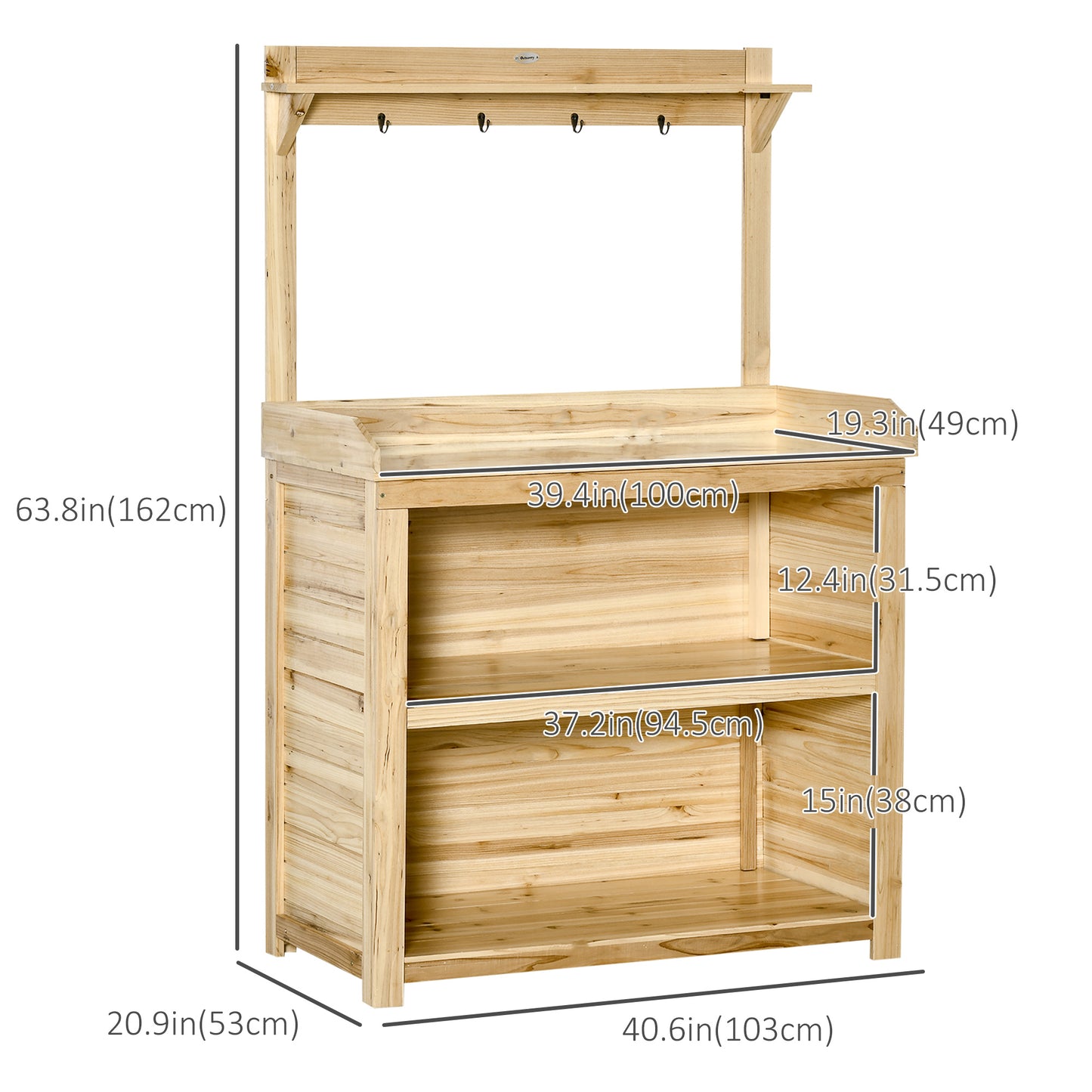 Outsunny Potting Bench Table, Wooden Garden Workstation Bench with Galvanized Metal Tabletop, Storage Shelves and Hooks for Patios, Courtyards, Balcony