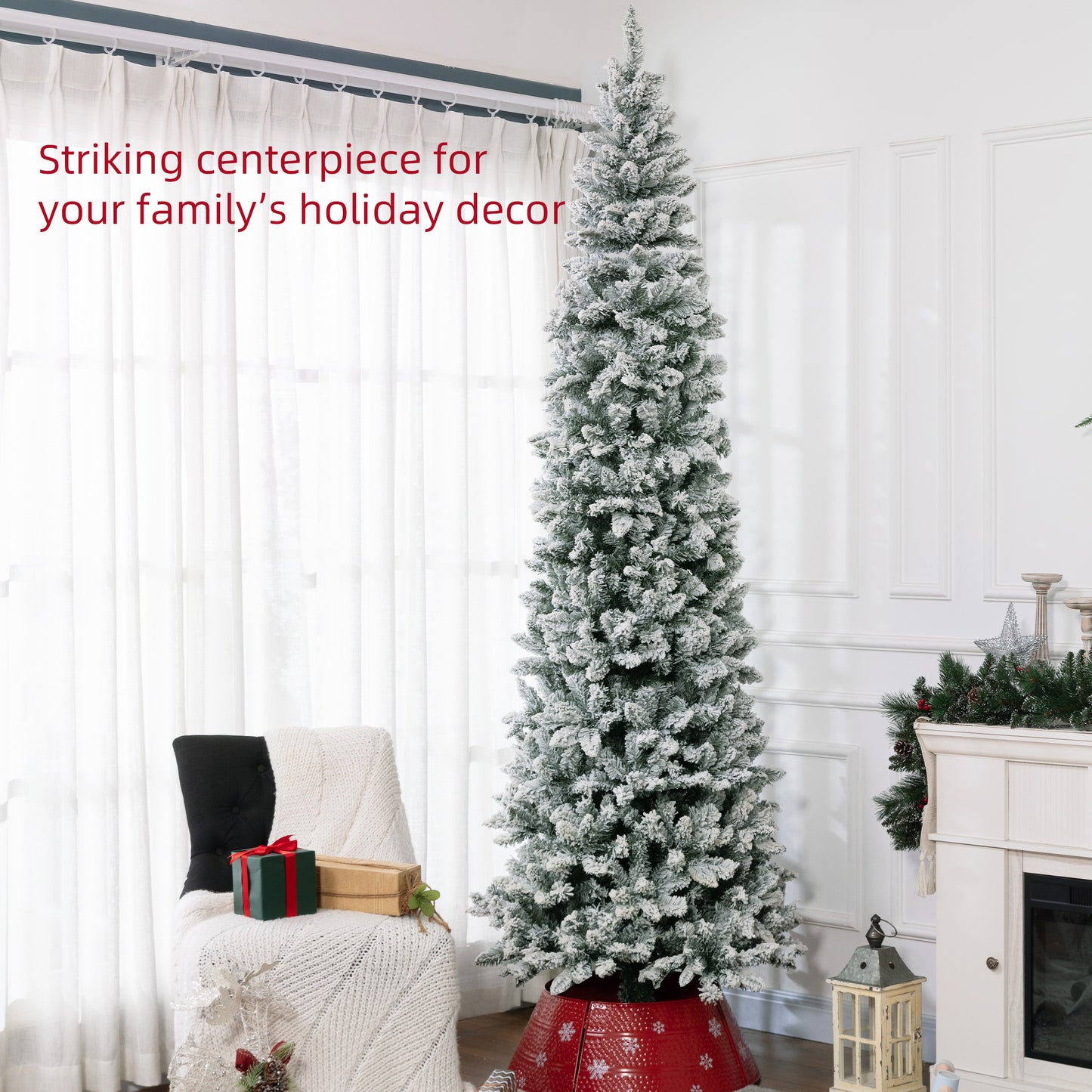 HOMCOM 9ft Pencil Christmas Tree, Flocked Tree with 1277 Branch Tips and Metal Base for Home, Indoor, Holiday