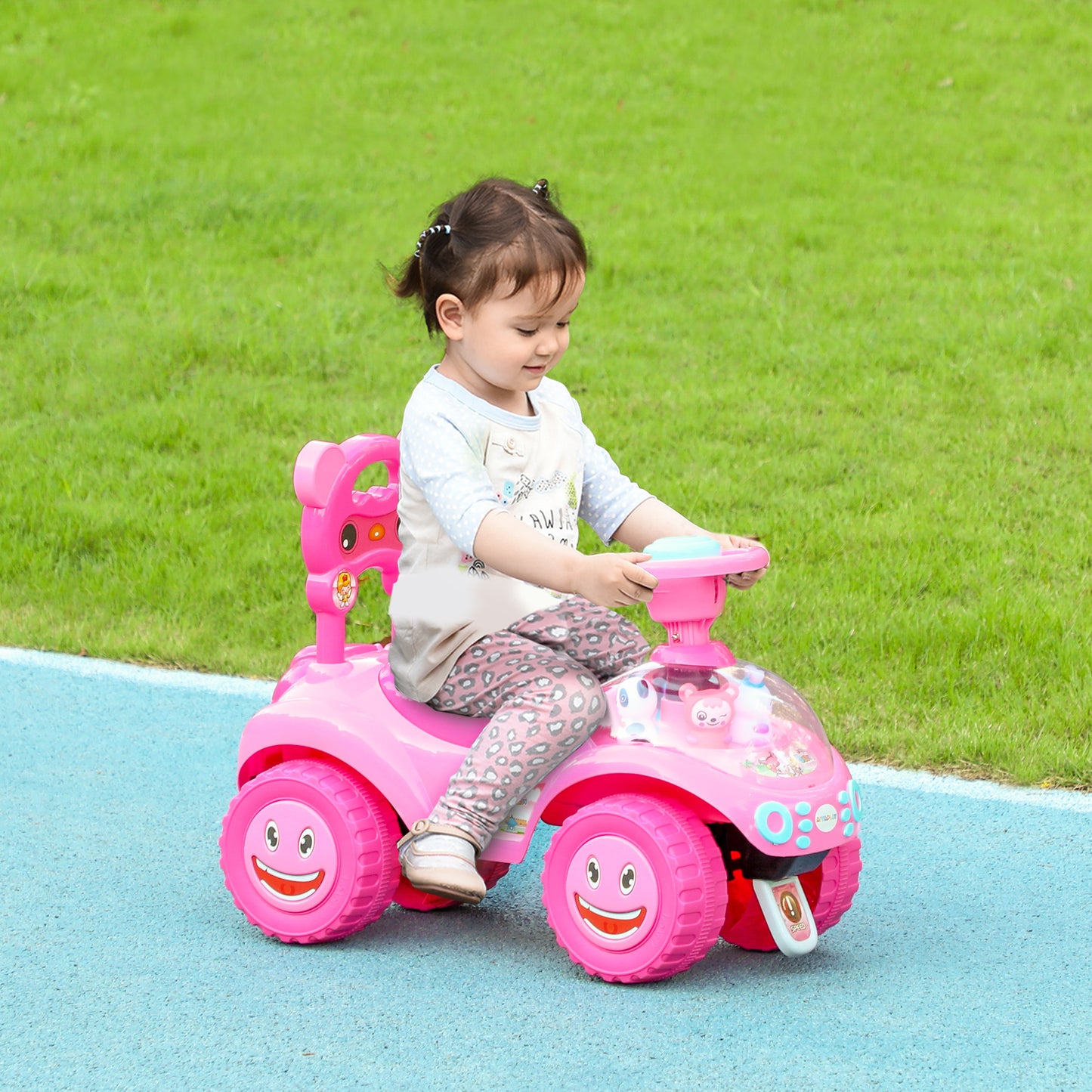Qaba Toddlers Push Car with Horn, Light, Music, Anti-Over-Backwards Device, Steering Wheel, Under Seat Storage, Pink