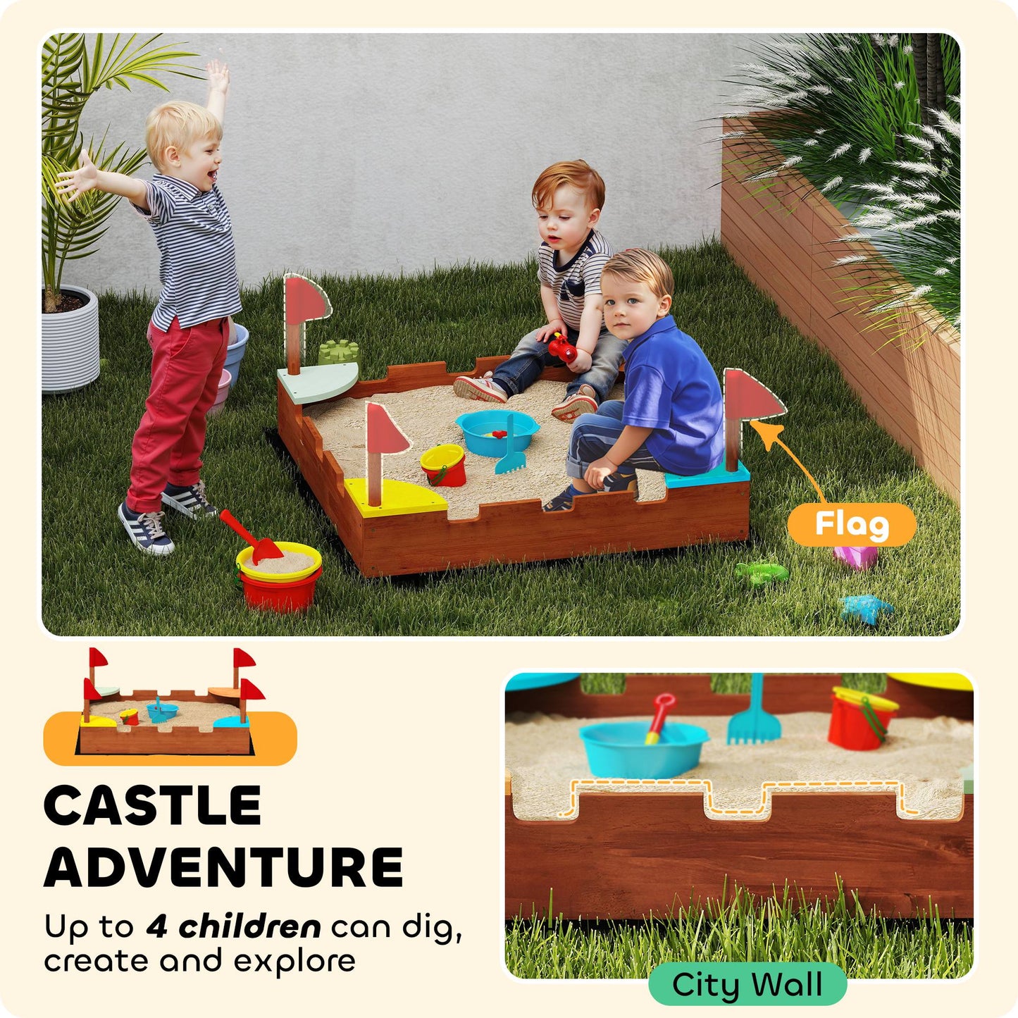 Qaba Wooden Kids Sandbox with Cover, 4 Seats, Rudder, Deck, Bottom Liner, 52" x 40" x 55.5", for Ages 3-8, Yellow