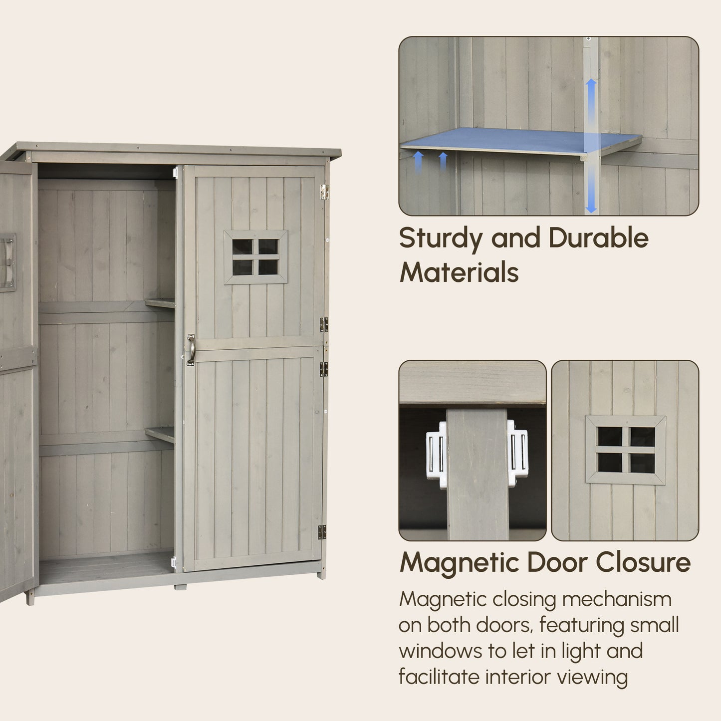 Outsunny 4x1.5ft Wooden Garden Storage Shed, Outdoor Tool Cabinet Organizer with Windows and Double Door, Grey