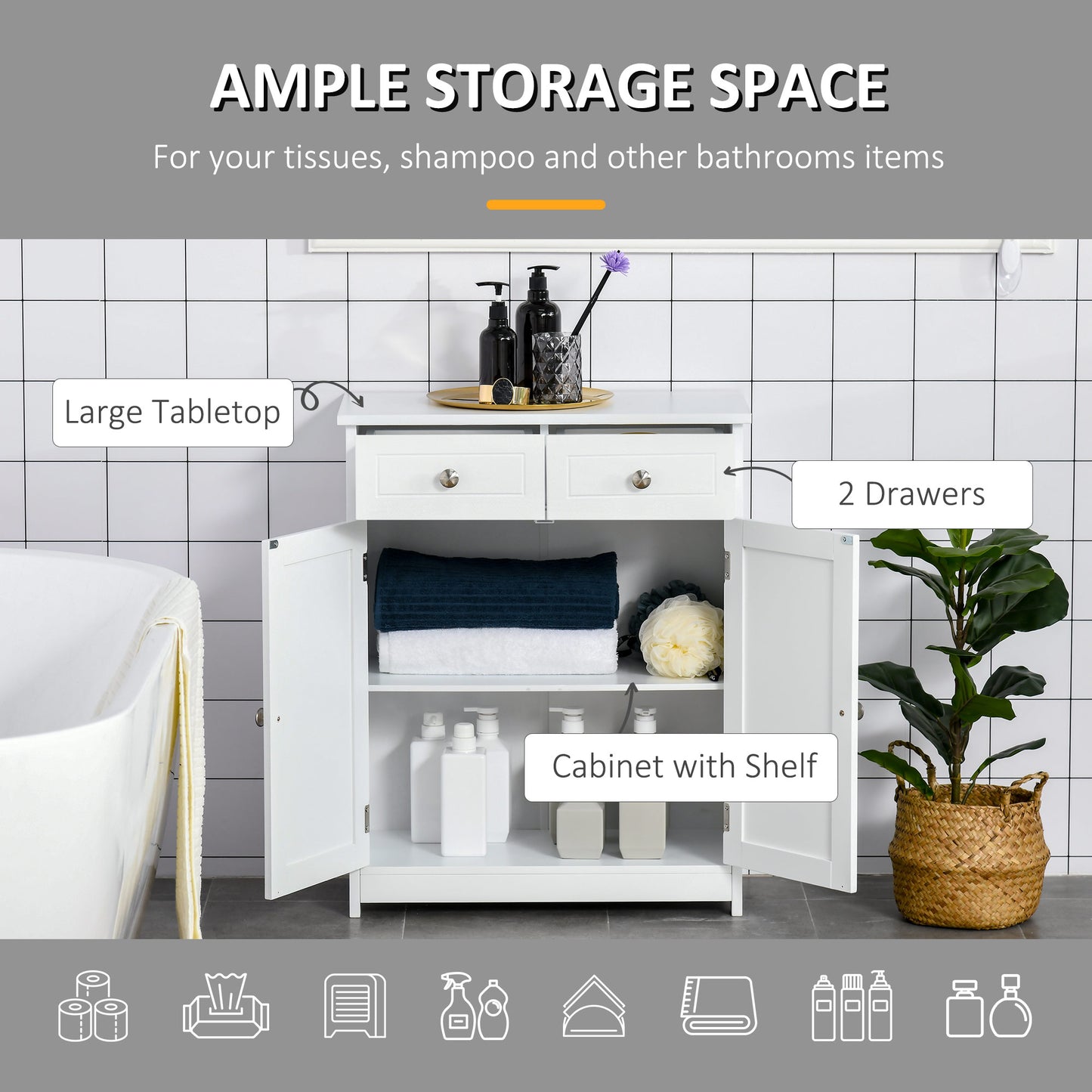 kleankin Freestanding Bathroom Floor Cabinet, Organizer Floor Tower with 2 Door, 2 Drawers, Adjustable Shelf, Grey