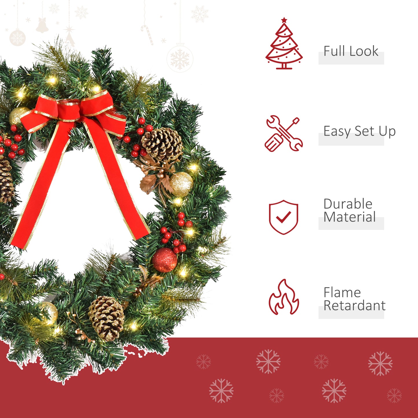 HOMCOM Christmas Wreath 24" Pre-Lit Artificial Greenery Xmas Spruce Wreath Cones Red Berries 20 LED Lights Battery Operated