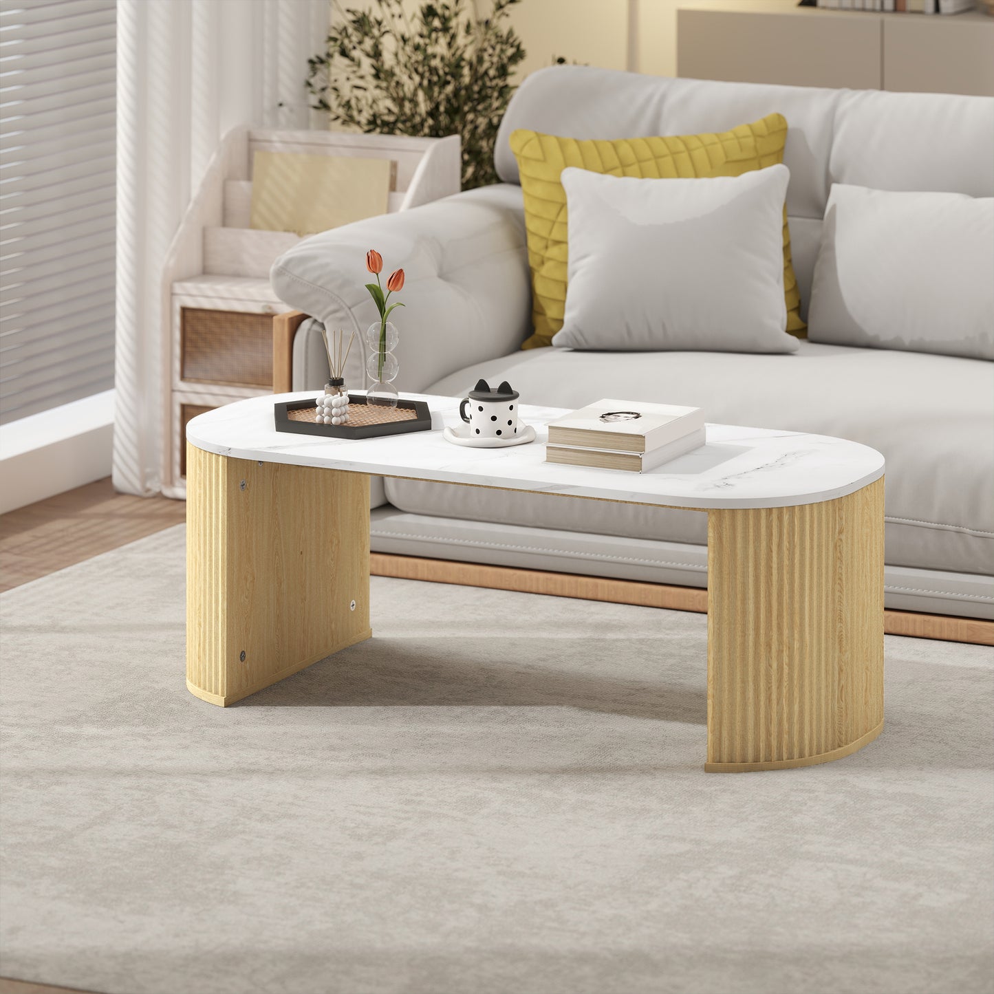 HOMCOM Coffee Table, Modern Marble-Effect Living Room Table with Round Corners and Thicken Legs, Black