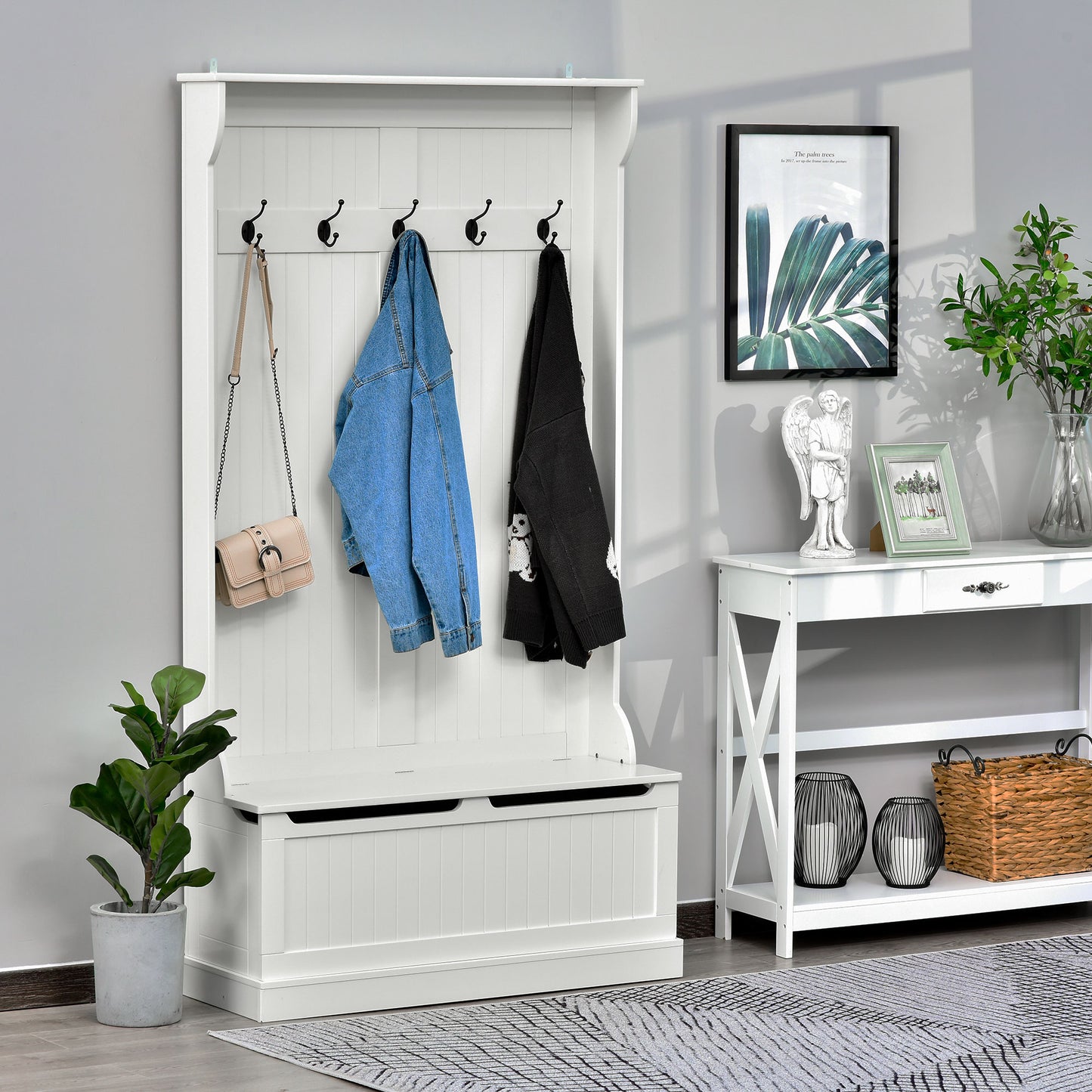 HOMCOM 3-In-1 Hall Tree w/ Coat Rack, Shoe Storage and Bench Seat, Entryway Bench w/ 4 Hooks for Hallway, Living Room, White