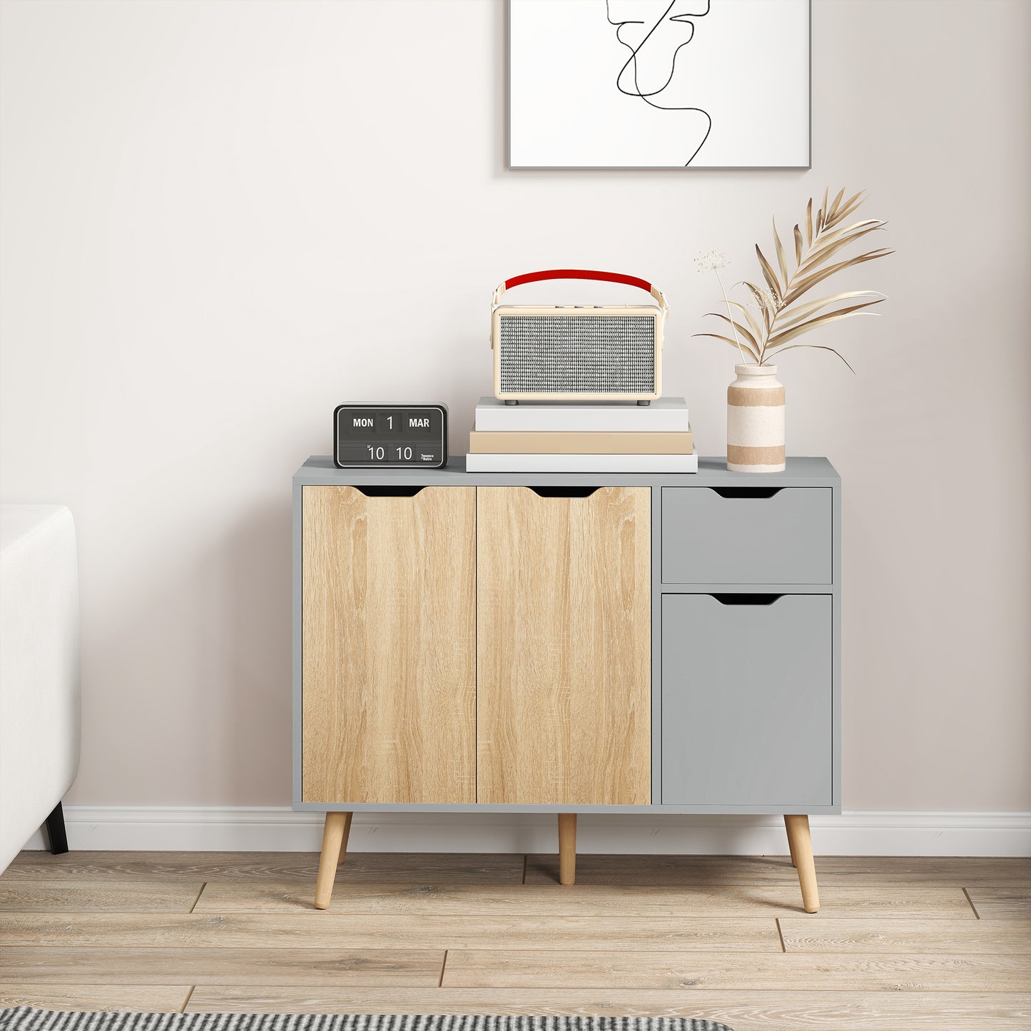 HOMCOM 35" Sideboard Storage Cabinet with Drawer, White and Grey