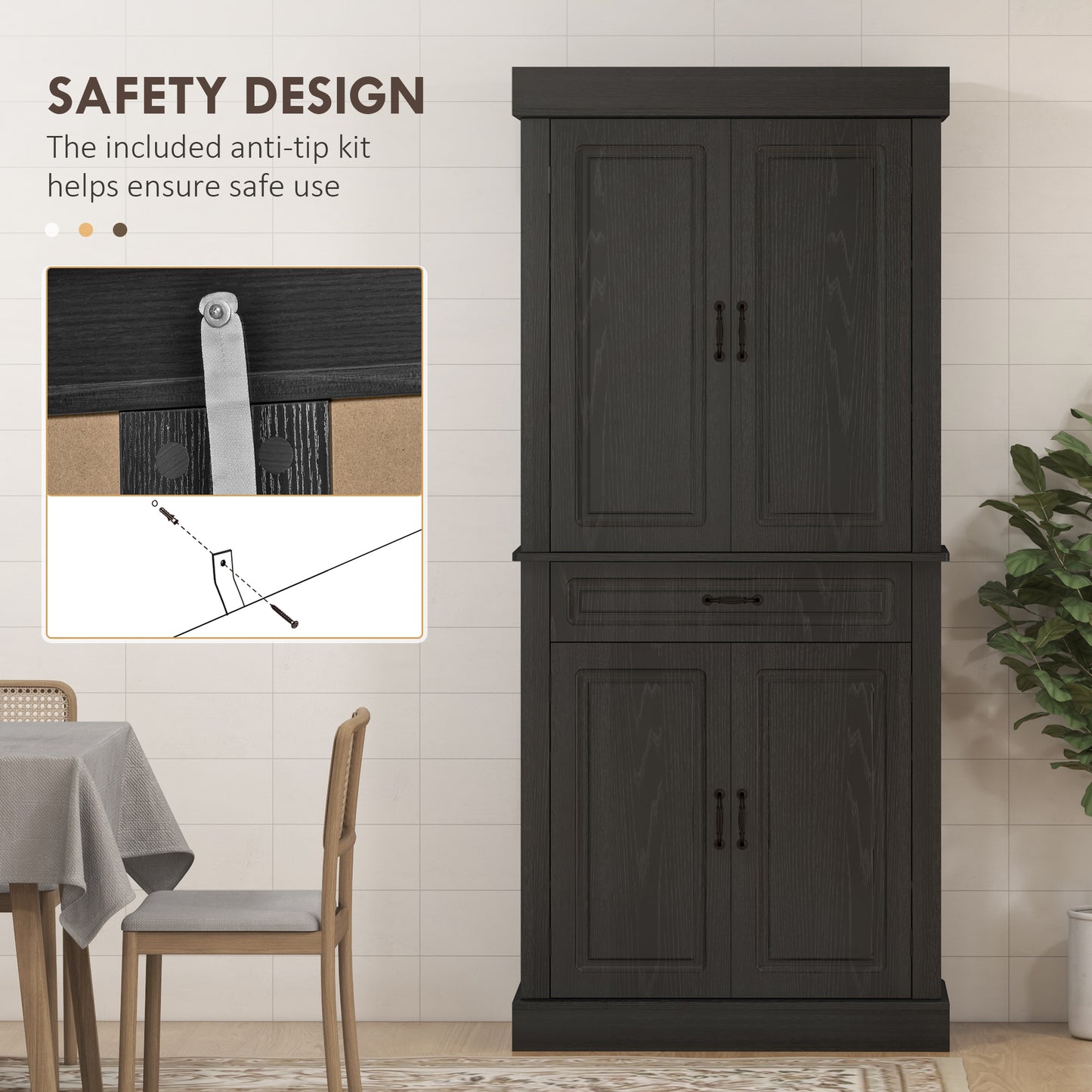 HOMCOM 71" Freestanding Kitchen Pantry with 4 Doors and 2 Cabinets, Tall Storage Cabinet for Kitchen, Distressed Coffee